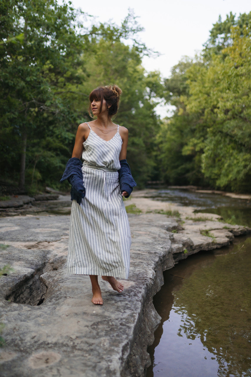 Linen Skirt Set in Green and White Stripe - Pre-Order 2/30