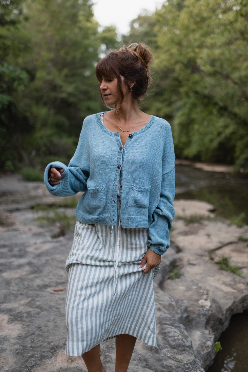 Kim Classic Cotton Cardigan in Light Blue