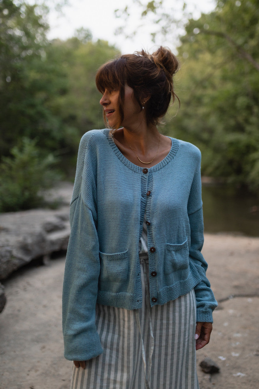 Kim Classic Cotton Cardigan in Light Blue