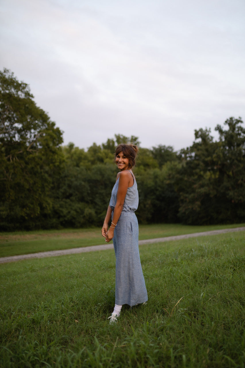 Linen Tank in Light Blue Linen - M