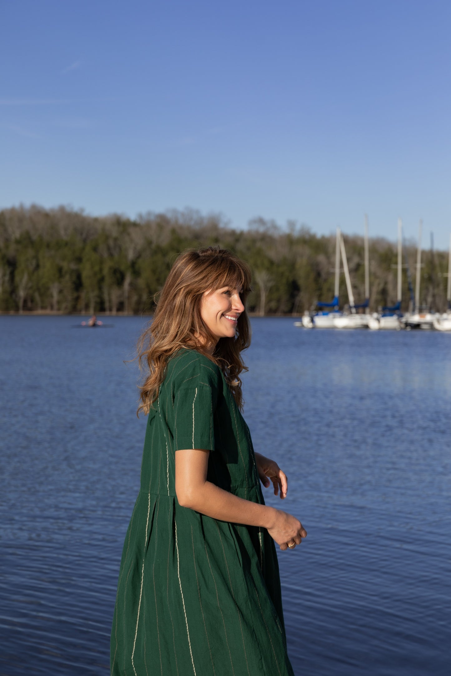 Eloise Handwoven Cotton Dress in Dark Green - XL Left