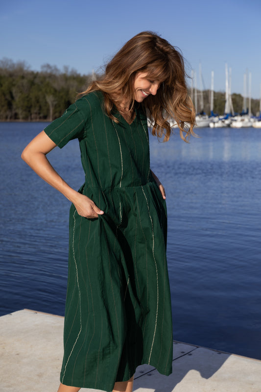 Eloise Handwoven Cotton Dress in Dark Green Made to Order