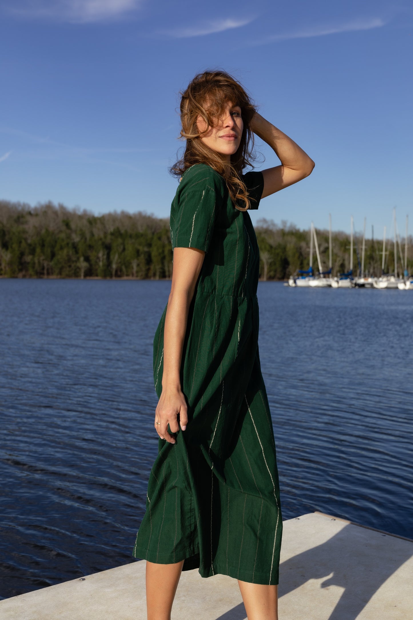 Eloise Handwoven Cotton Dress in Dark Green - XL Left