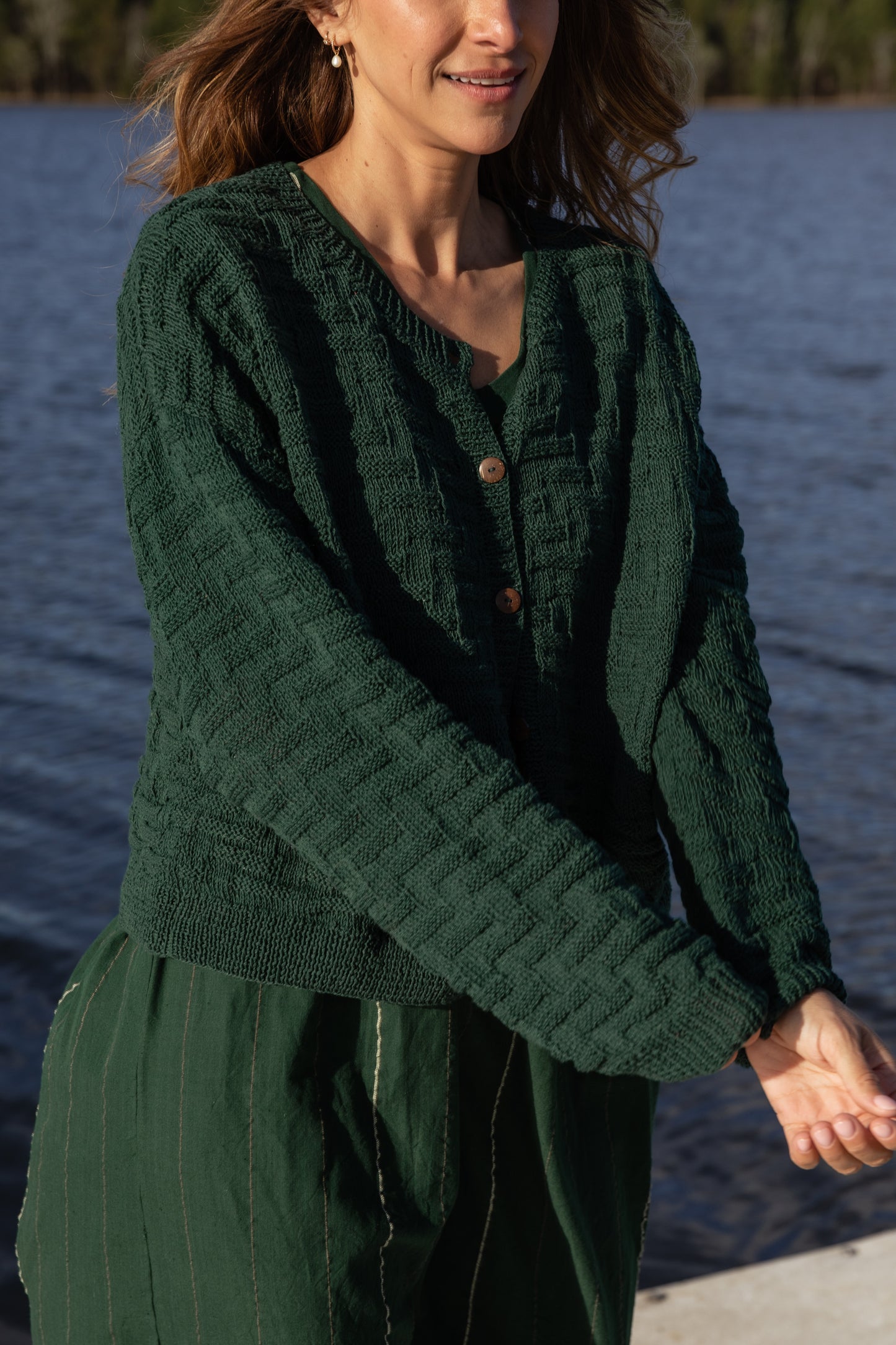 Hazel Cotton Cardigan in Dark Green