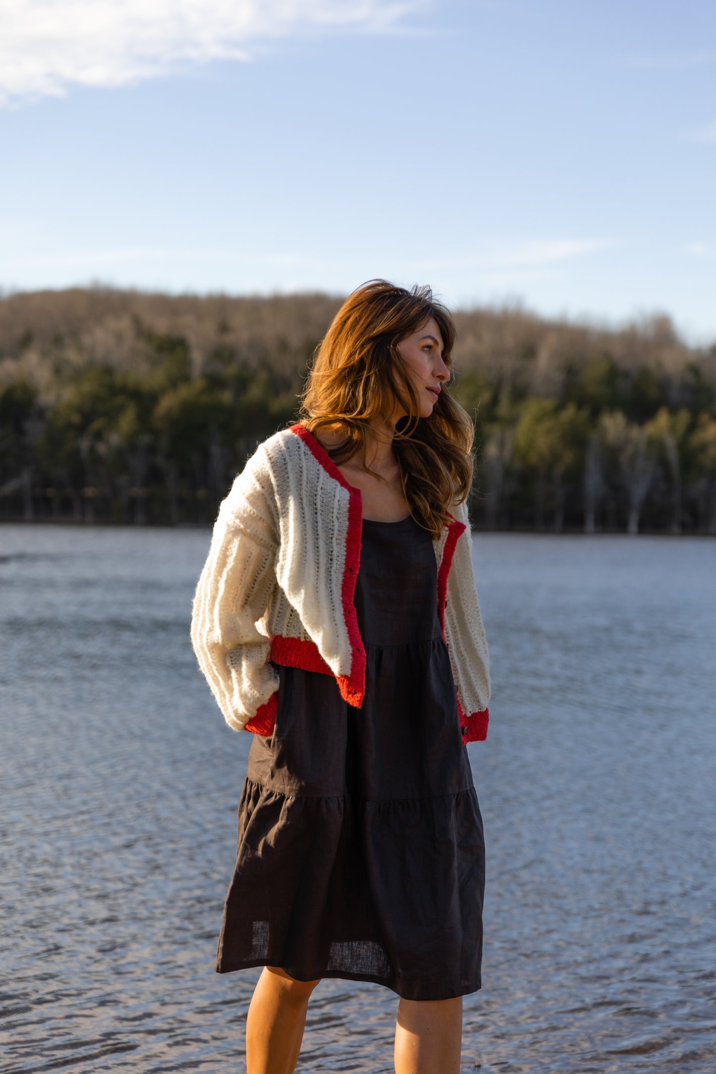 Agnes Mohair Cardigan in Natural White and Red Made to Order