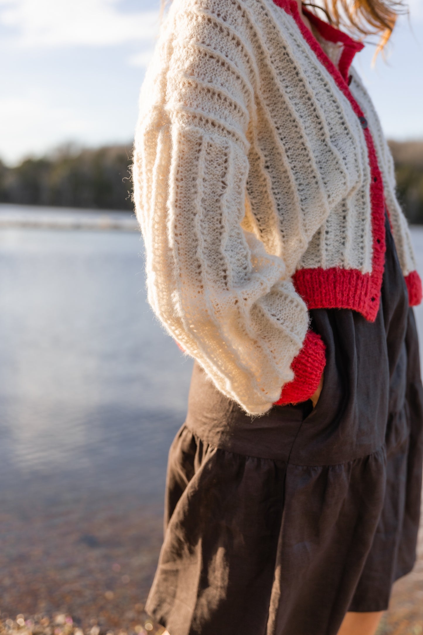 Agnes Mohair Cardigan in Natural White and Red Made to Order