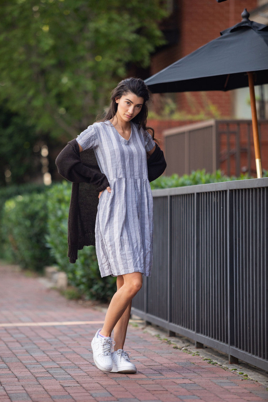 Eloise Handwoven Cotton Dress in Grey and White Stripe