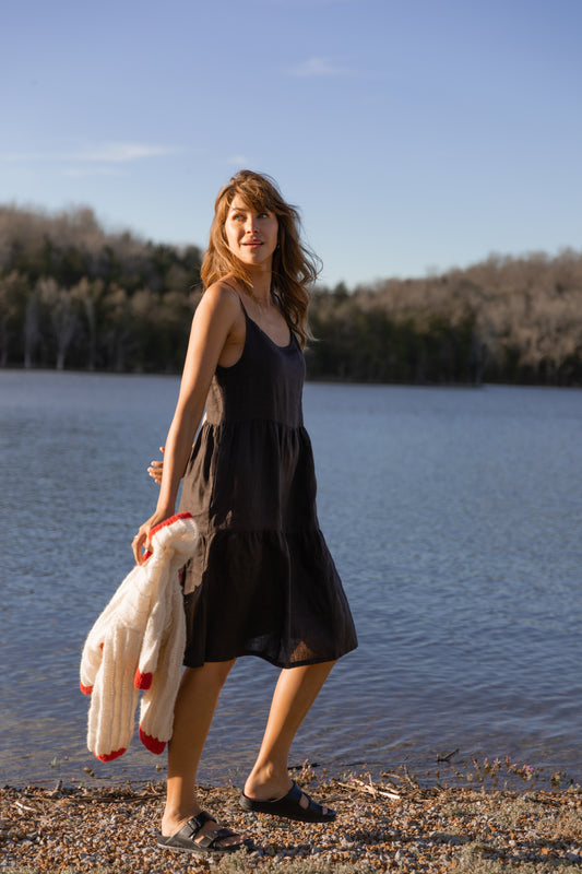 Lena Tiered Linen Dress in Dark Brown