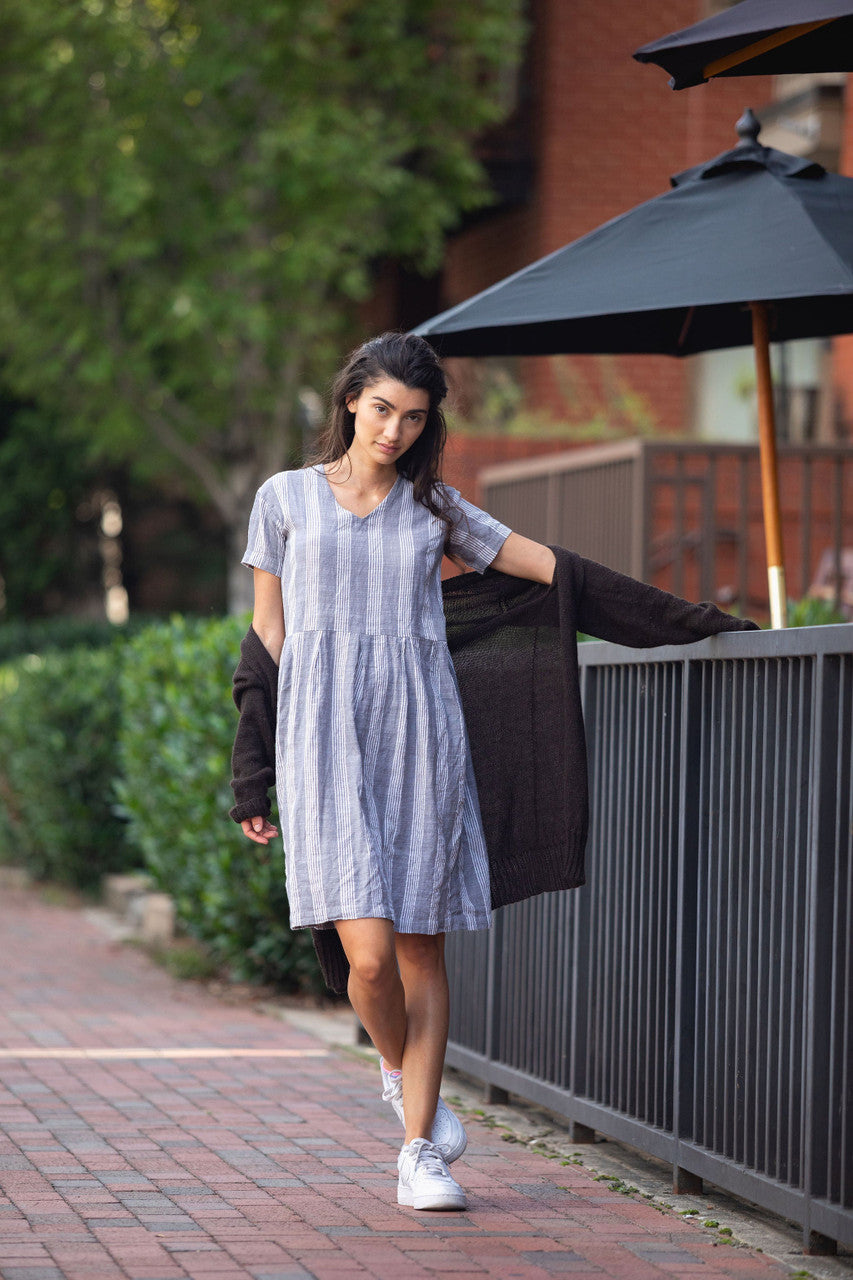 Eloise Handwoven Cotton Dress in Grey and White Stripe