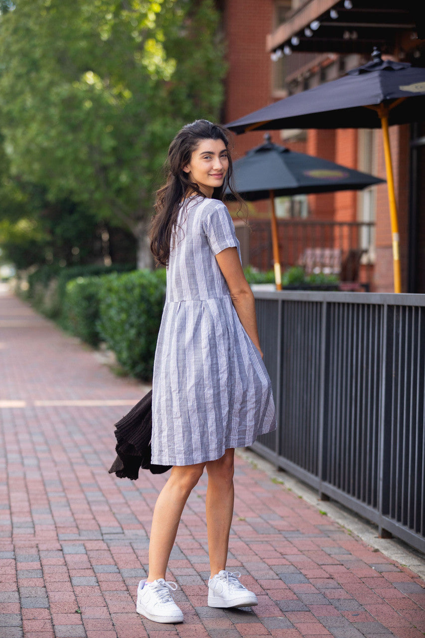 Eloise Handwoven Cotton Dress in Grey and White Stripe