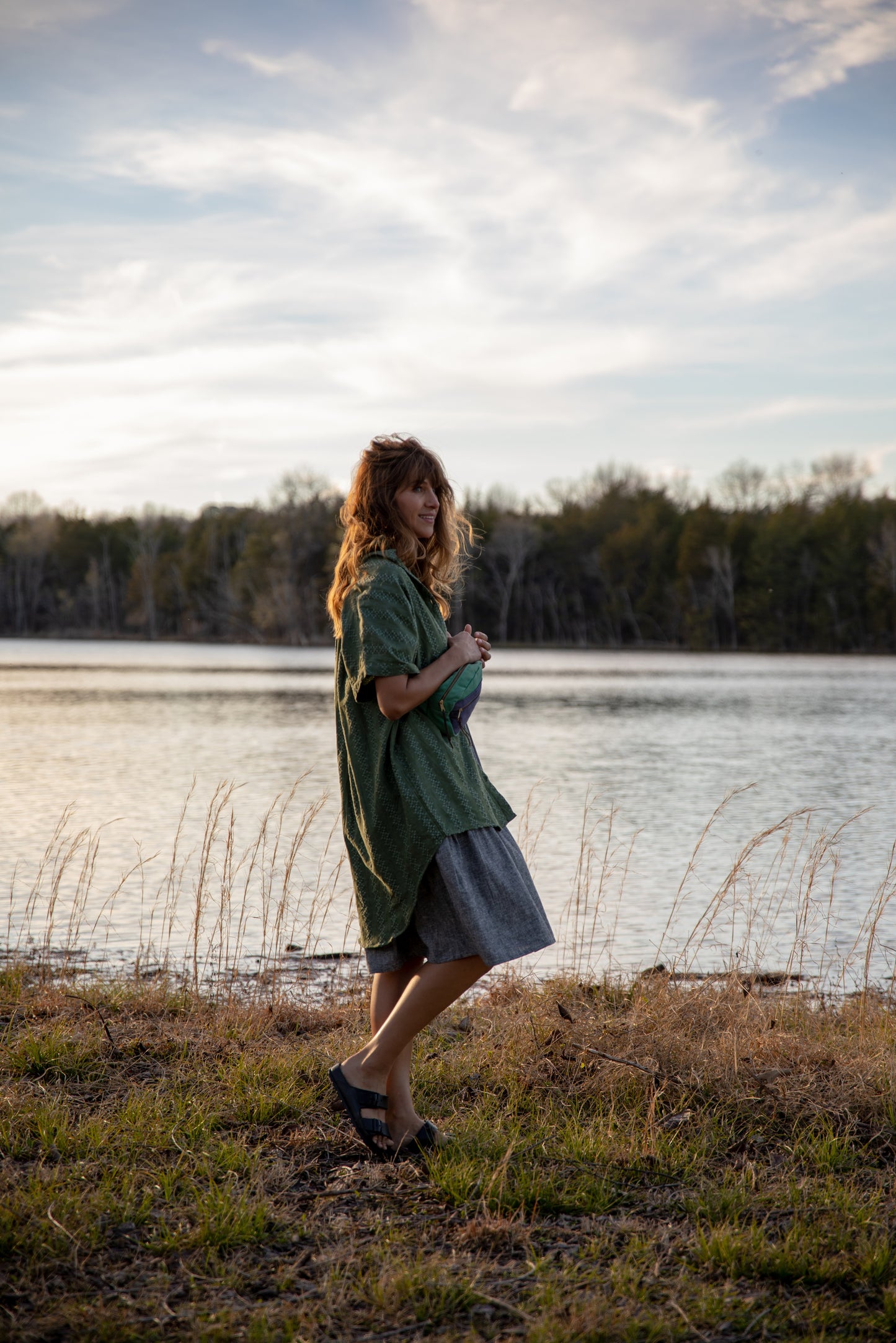 Lena Tiered Linen Dress in Chambray Denim Linen - XS, XL, and XXL Left