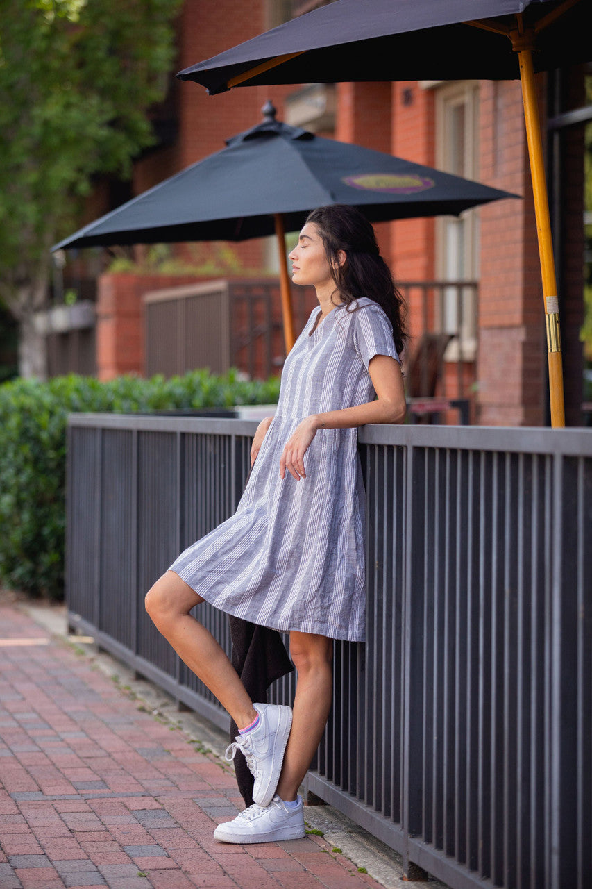 Eloise Handwoven Cotton Dress in Grey and White Stripe