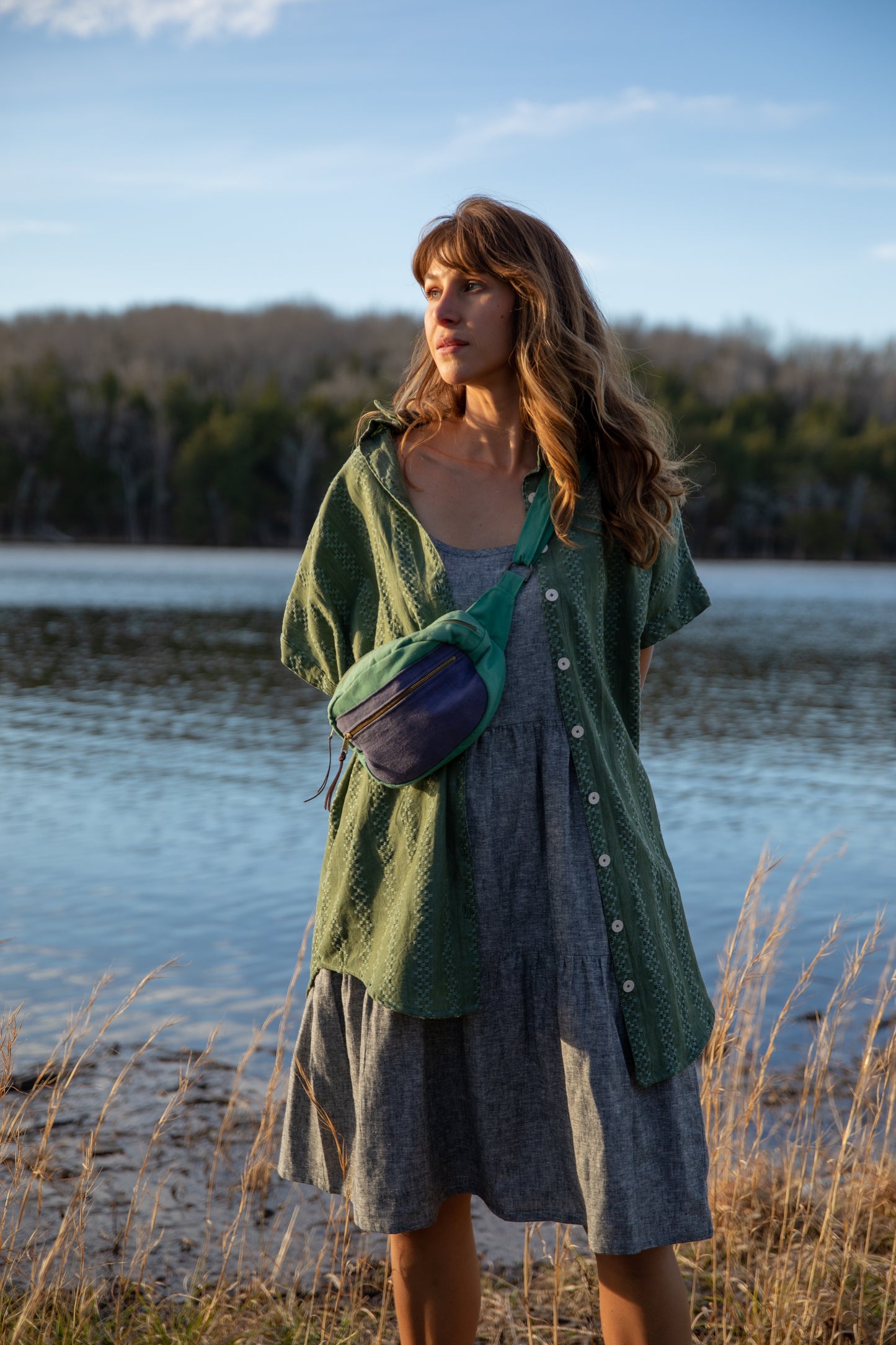 Lena Tiered Linen Dress in Chambray Denim Linen - XS, XL, and XXL Left