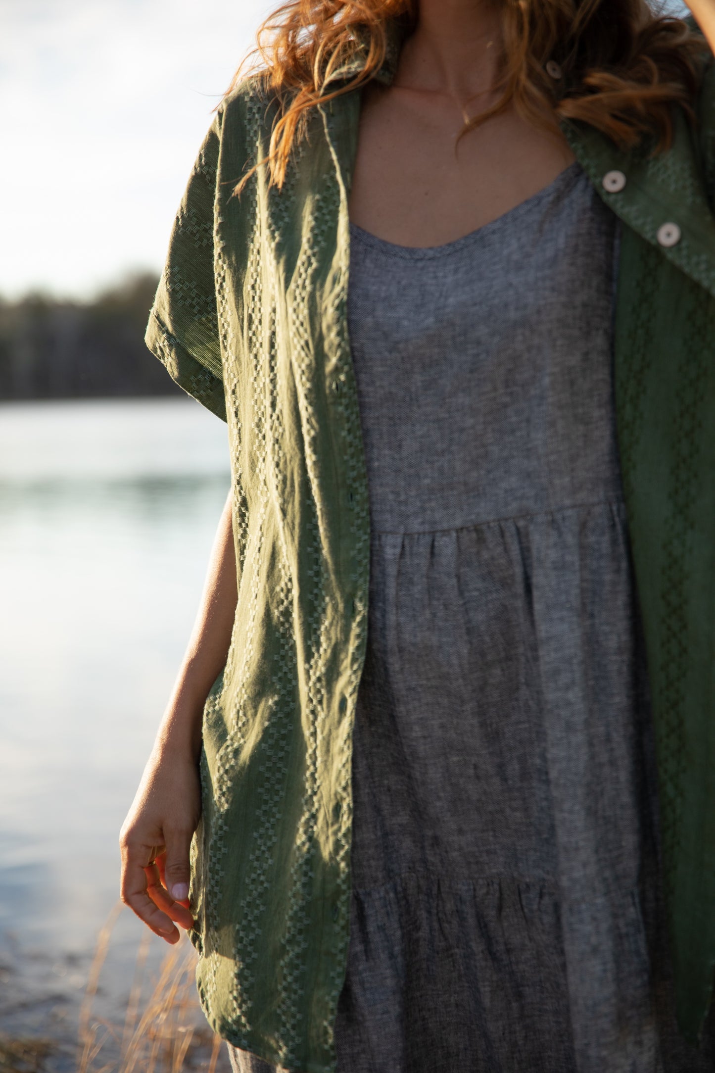 Lena Tiered Linen Dress in Chambray Denim Linen - XS, XL, and XXL Left
