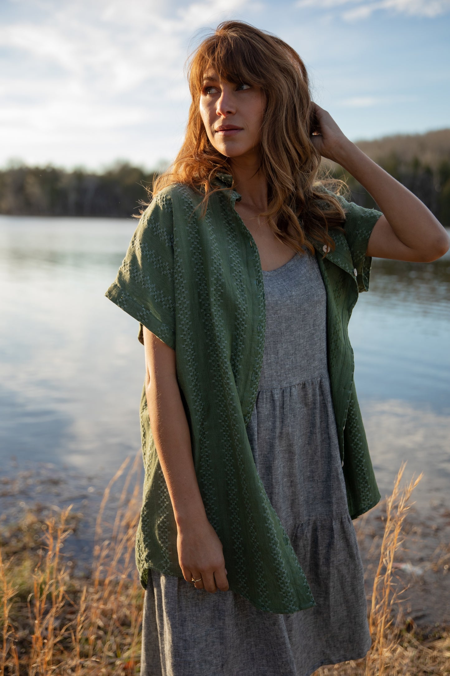 Lena Tiered Linen Dress in Chambray Denim Linen - XS, XL, and XXL Left