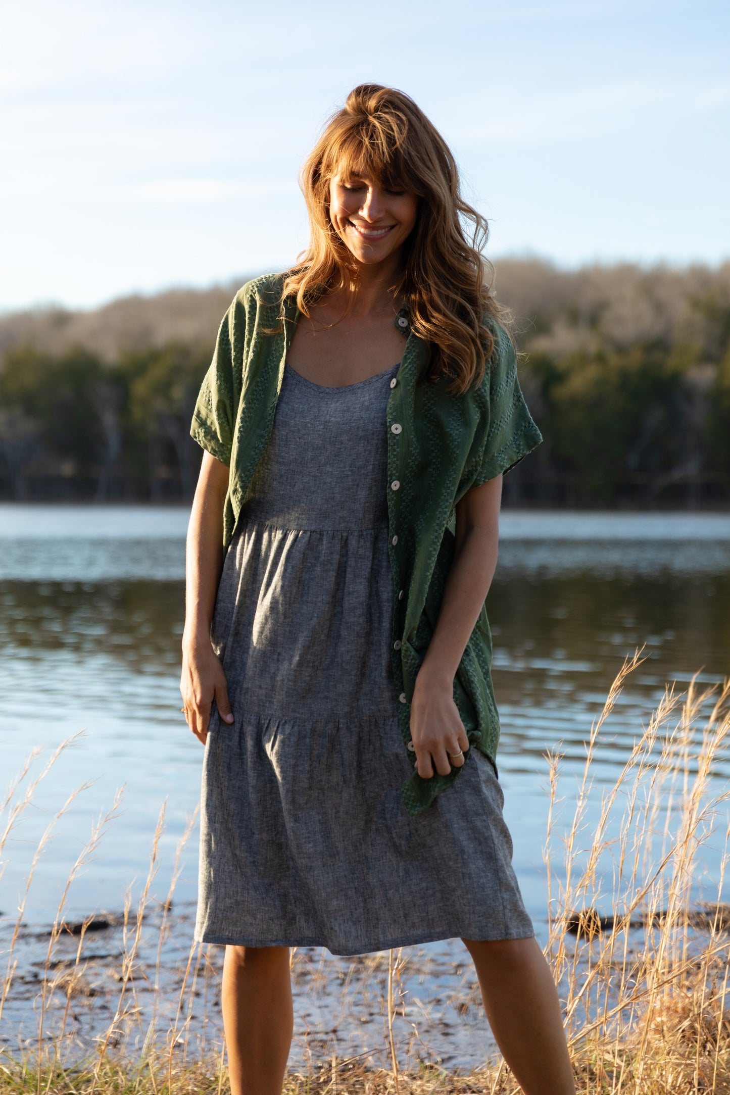 Lena Tiered Linen Dress in Chambray Denim Linen - XS, XL, and XXL Left