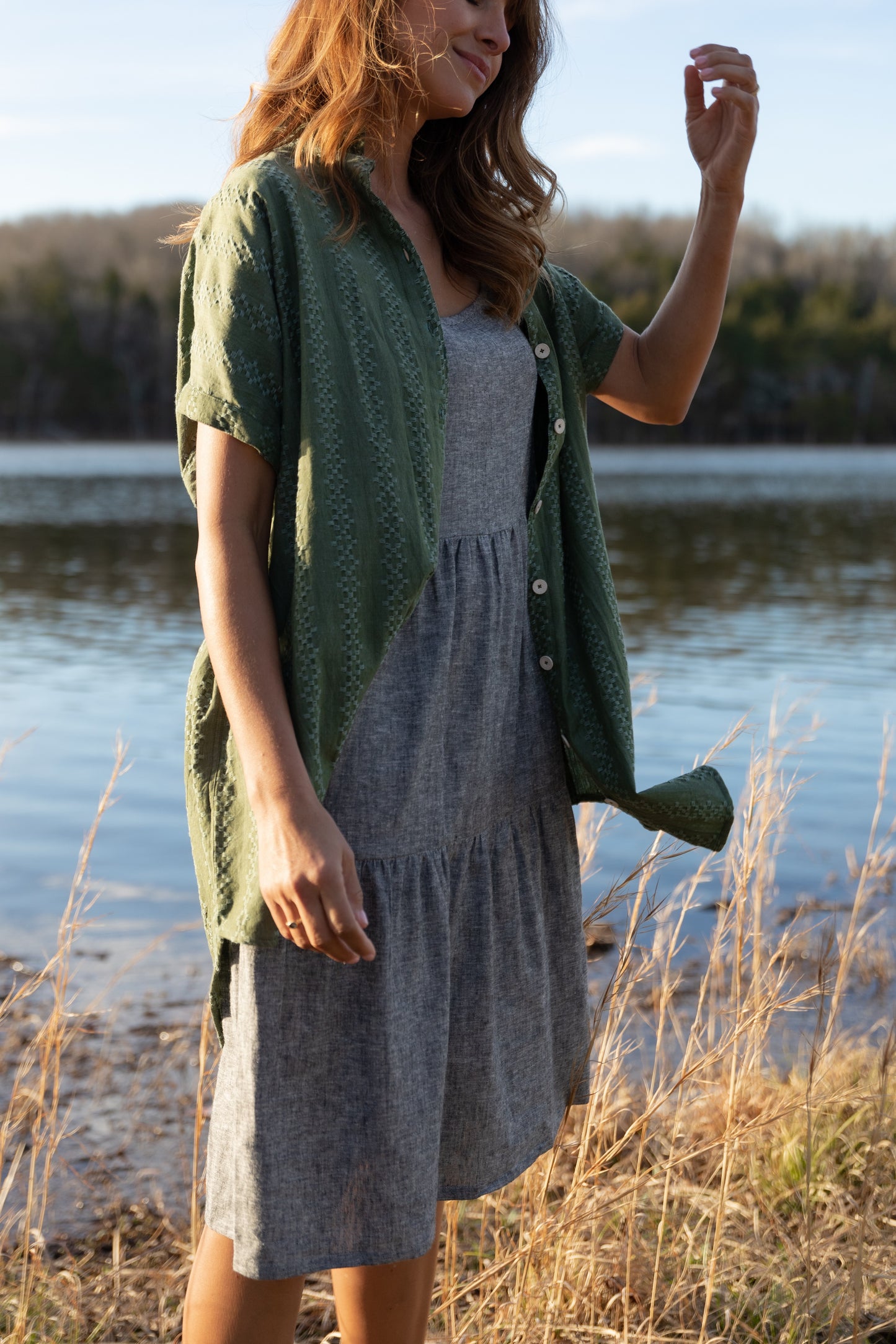 Lena Tiered Linen Dress in Chambray Denim Linen - XS, XL, and XXL Left