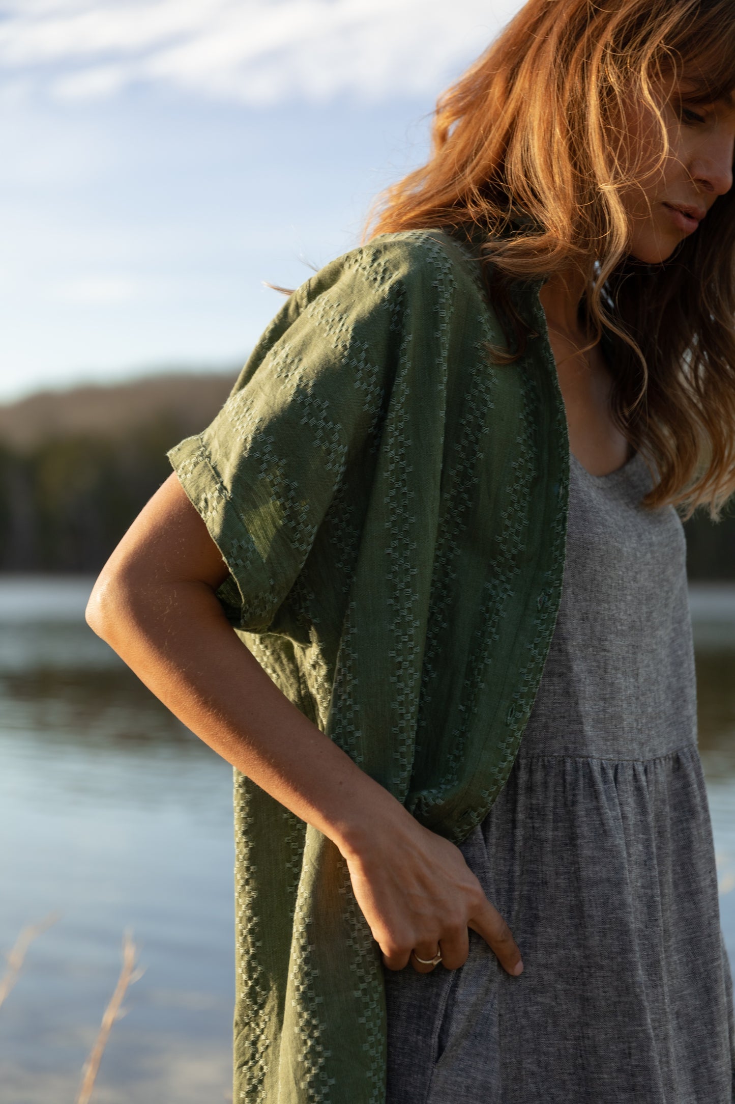 Lena Tiered Linen Dress in Chambray Denim Linen - XS, XL, and XXL Left