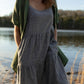 Lena Tiered Linen Dress in Chambray Denim Linen - XS, XL, and XXL Left