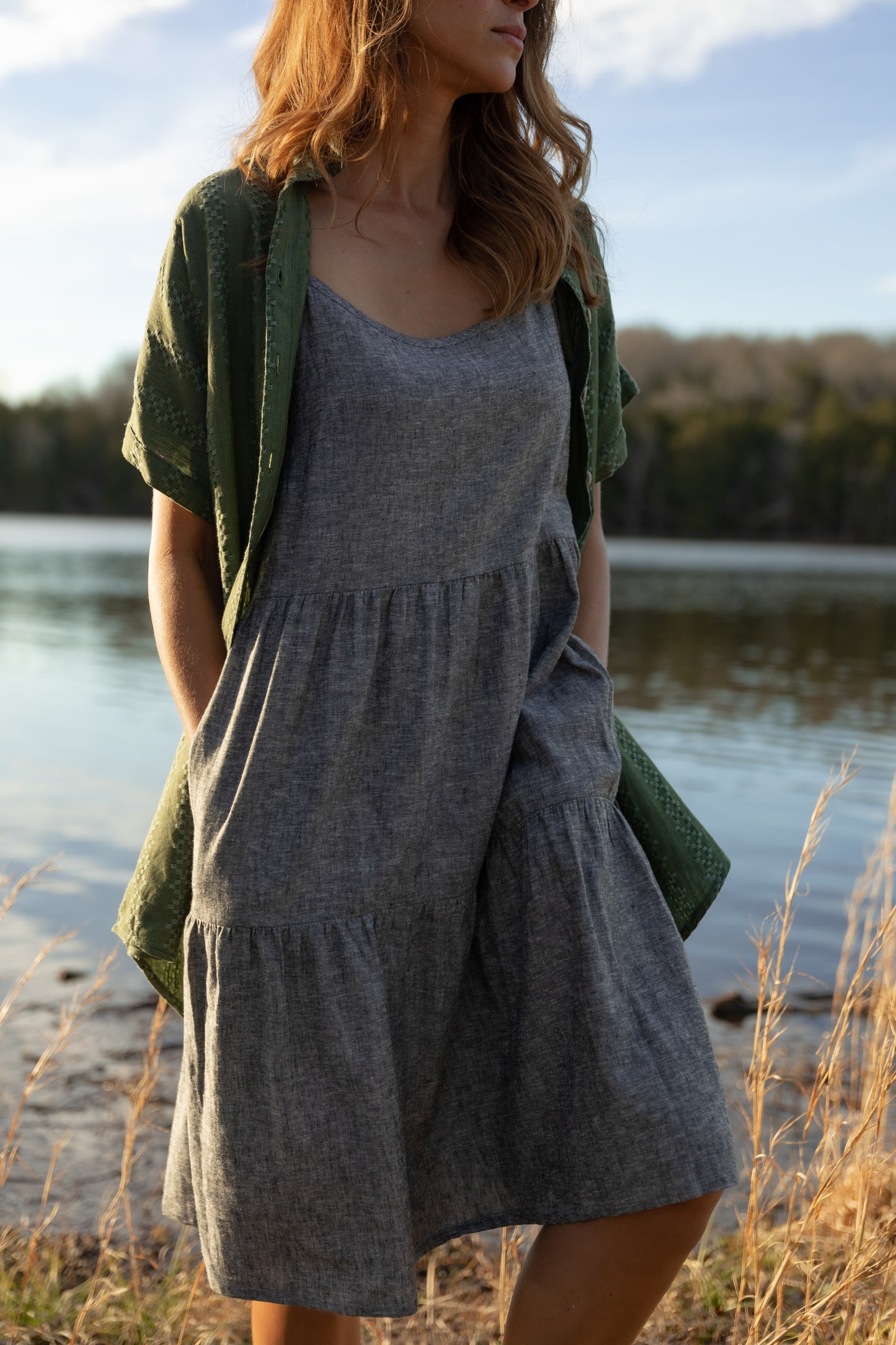 Lena Tiered Linen Dress in Chambray Denim Linen - XS, XL, and XXL Left