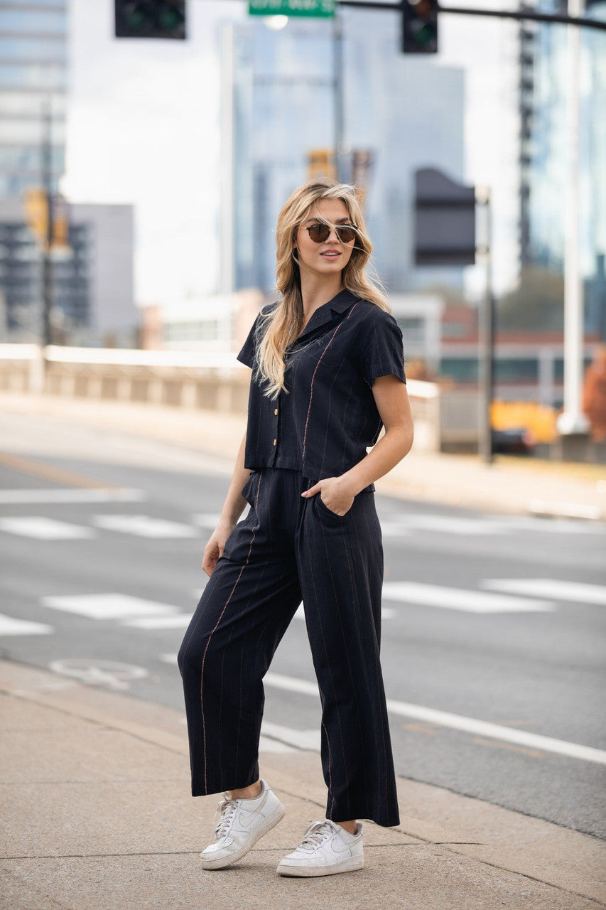 Katie Handwoven Cotton Crop Set - Dark Green S Crop Pants