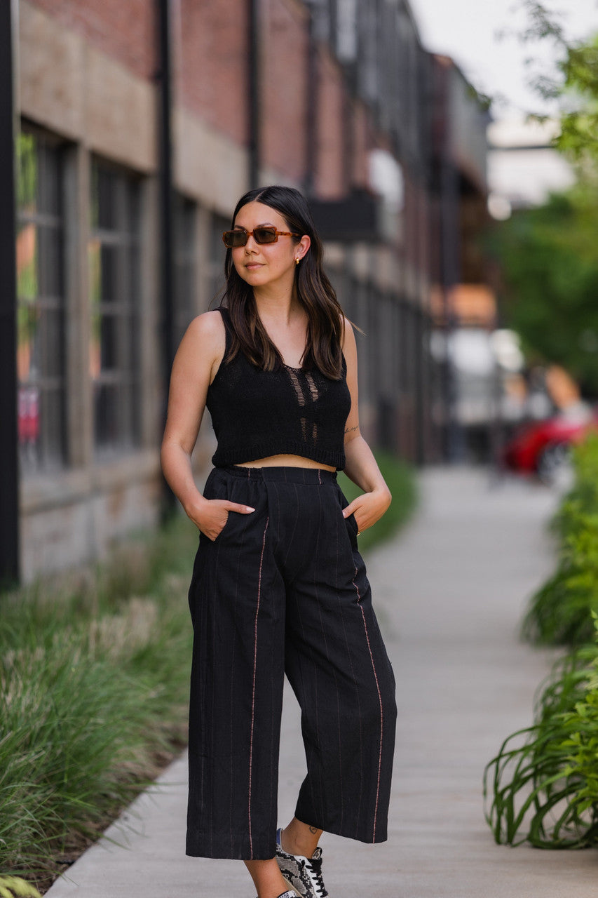 Katie Handwoven Cotton Crop Set - Dark Green S Crop Pants