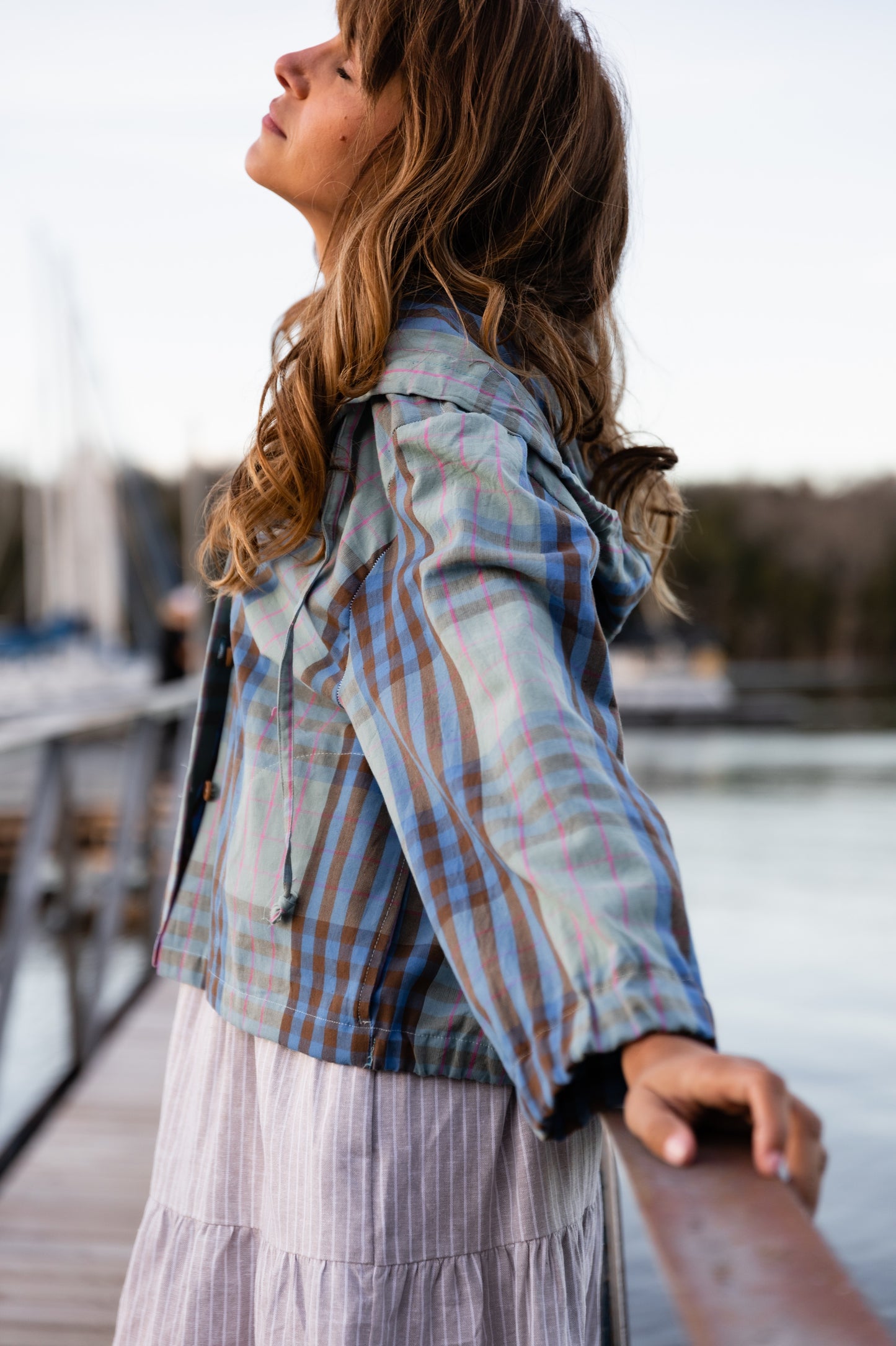 Maria Handwoven Cotton Jacket in Teal and Brown Plaid Made to Order