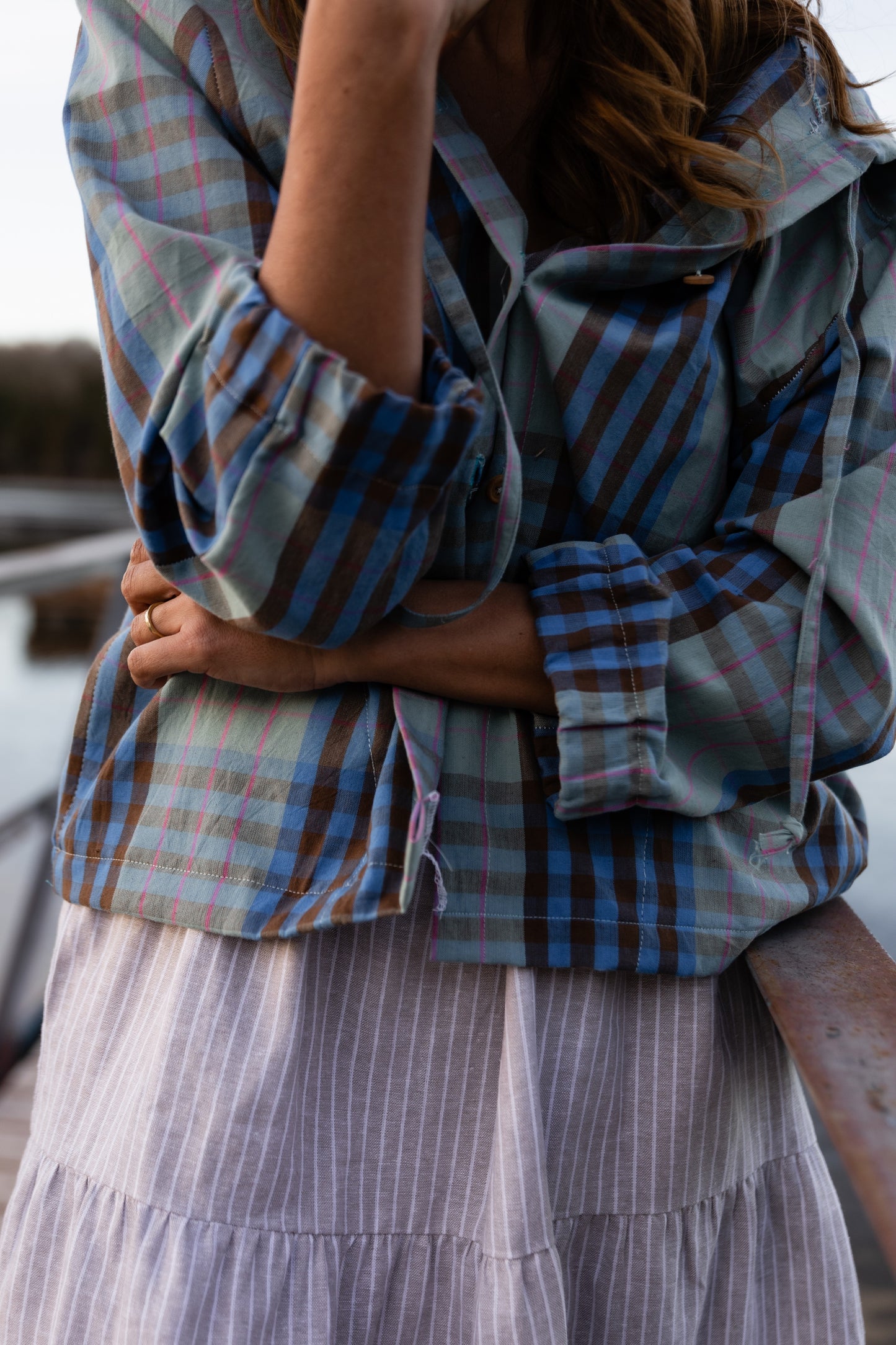 Maria Handwoven Cotton Jacket in Teal and Brown Plaid Made to Order