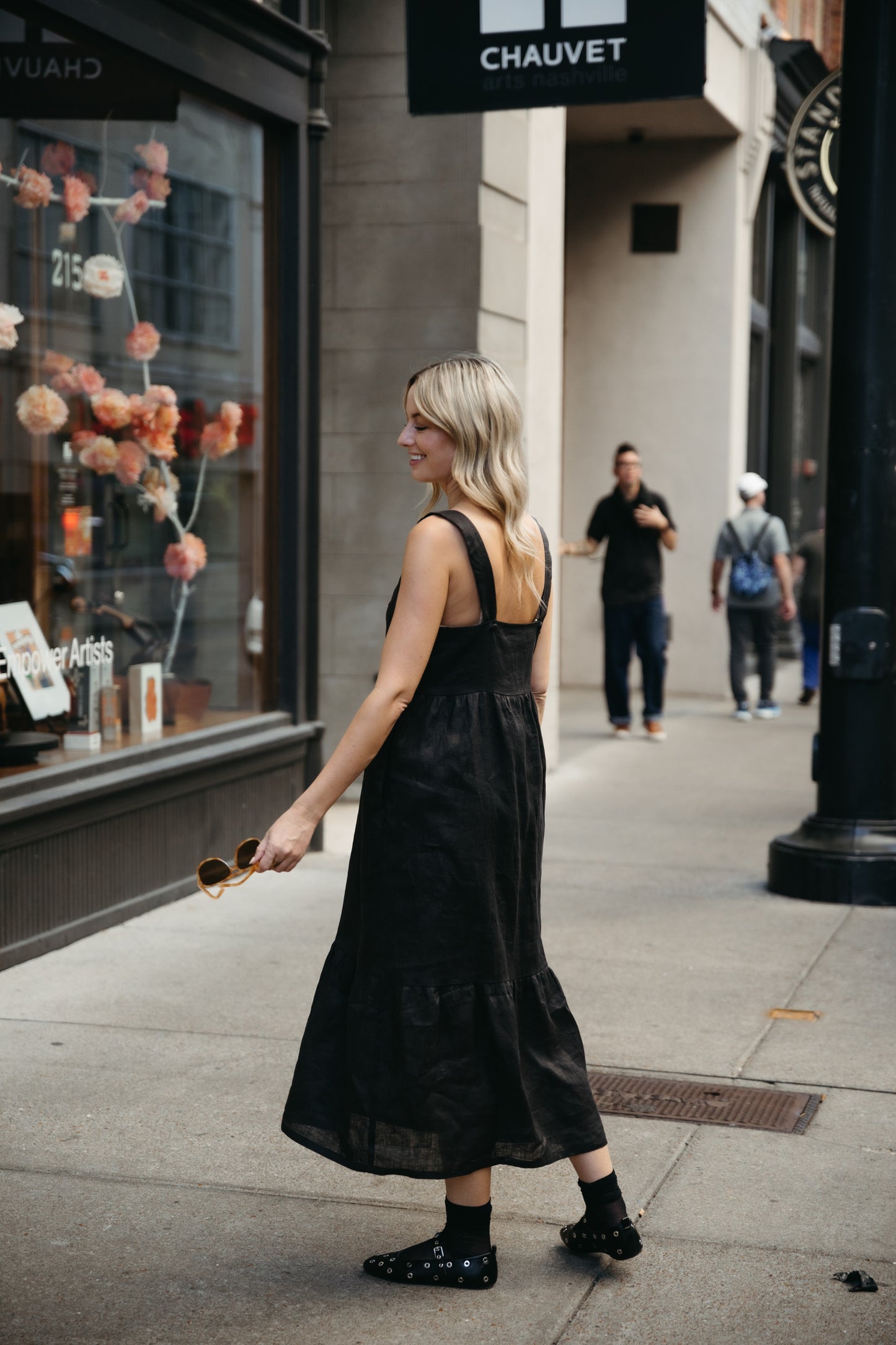 Long Lena Tiered Linen Dress in Dark Brown