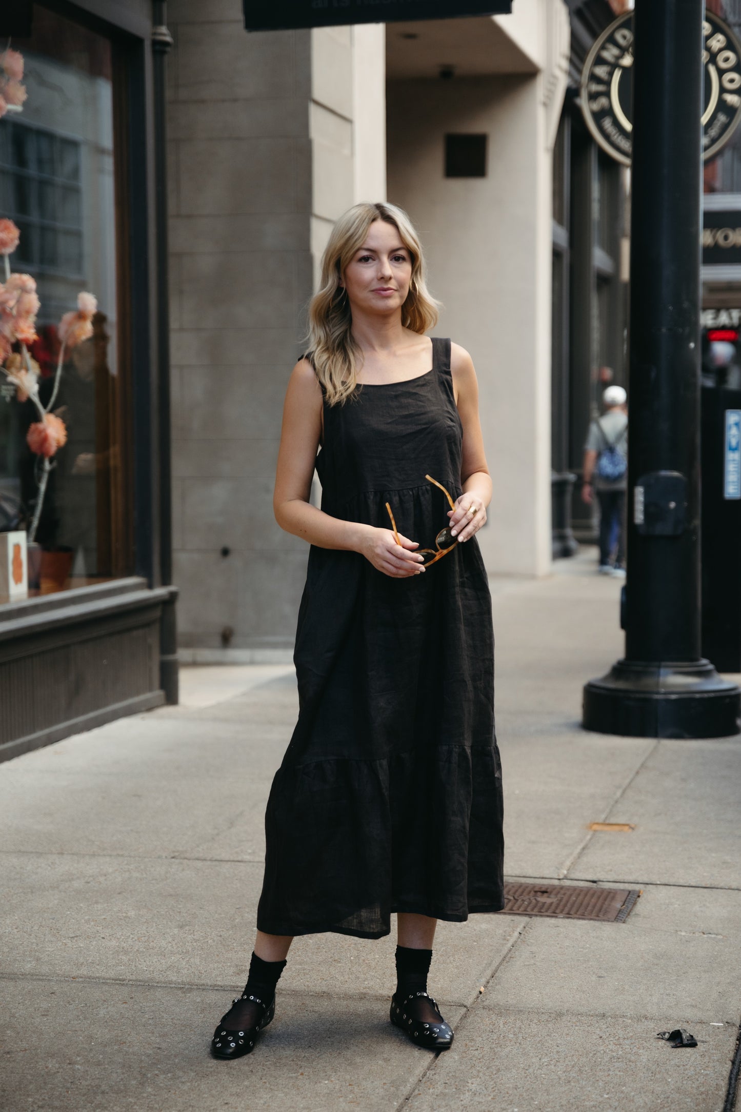 Long Lena Tiered Linen Dress in Dark Brown