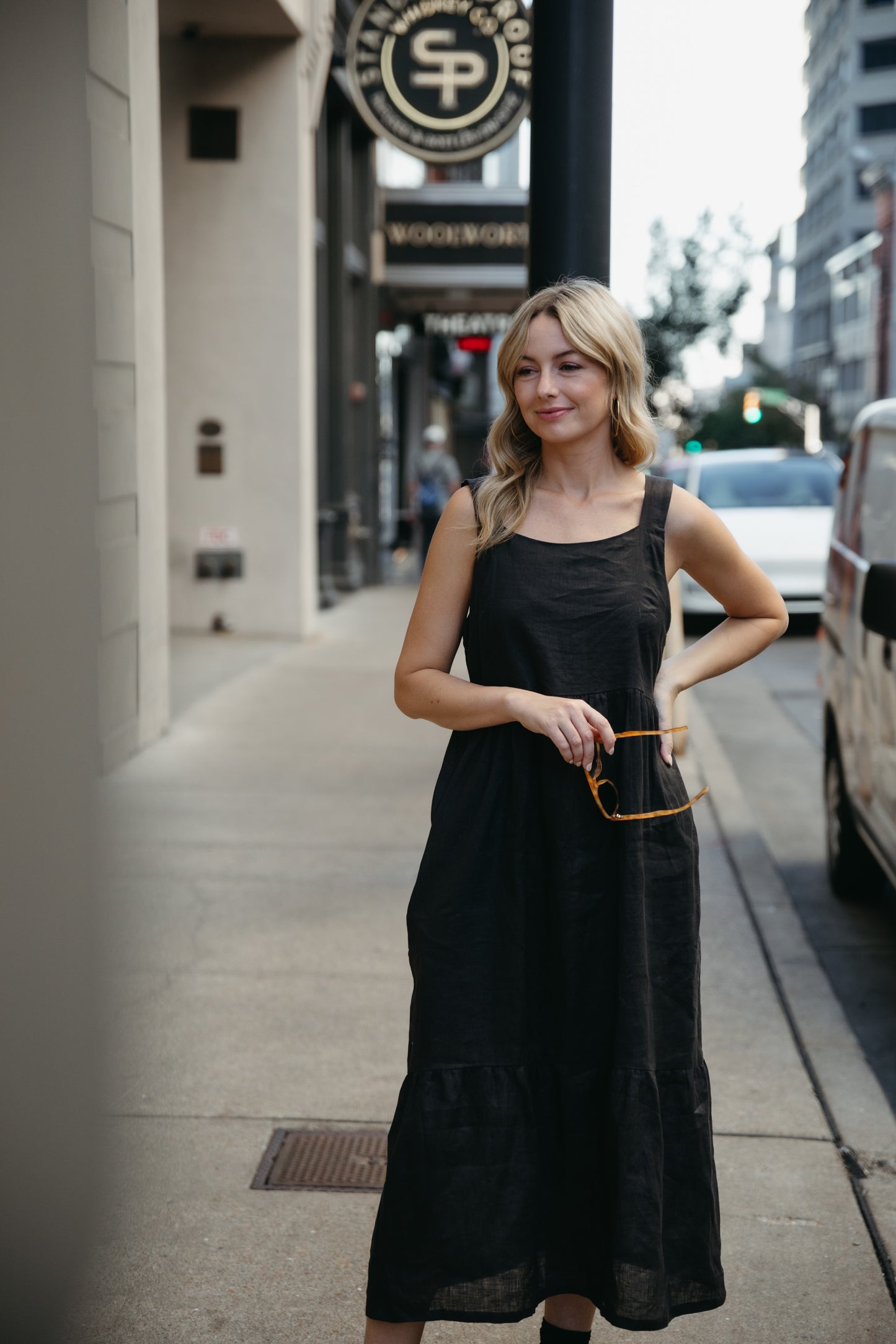 Long Lena Tiered Linen Dress in Dark Brown