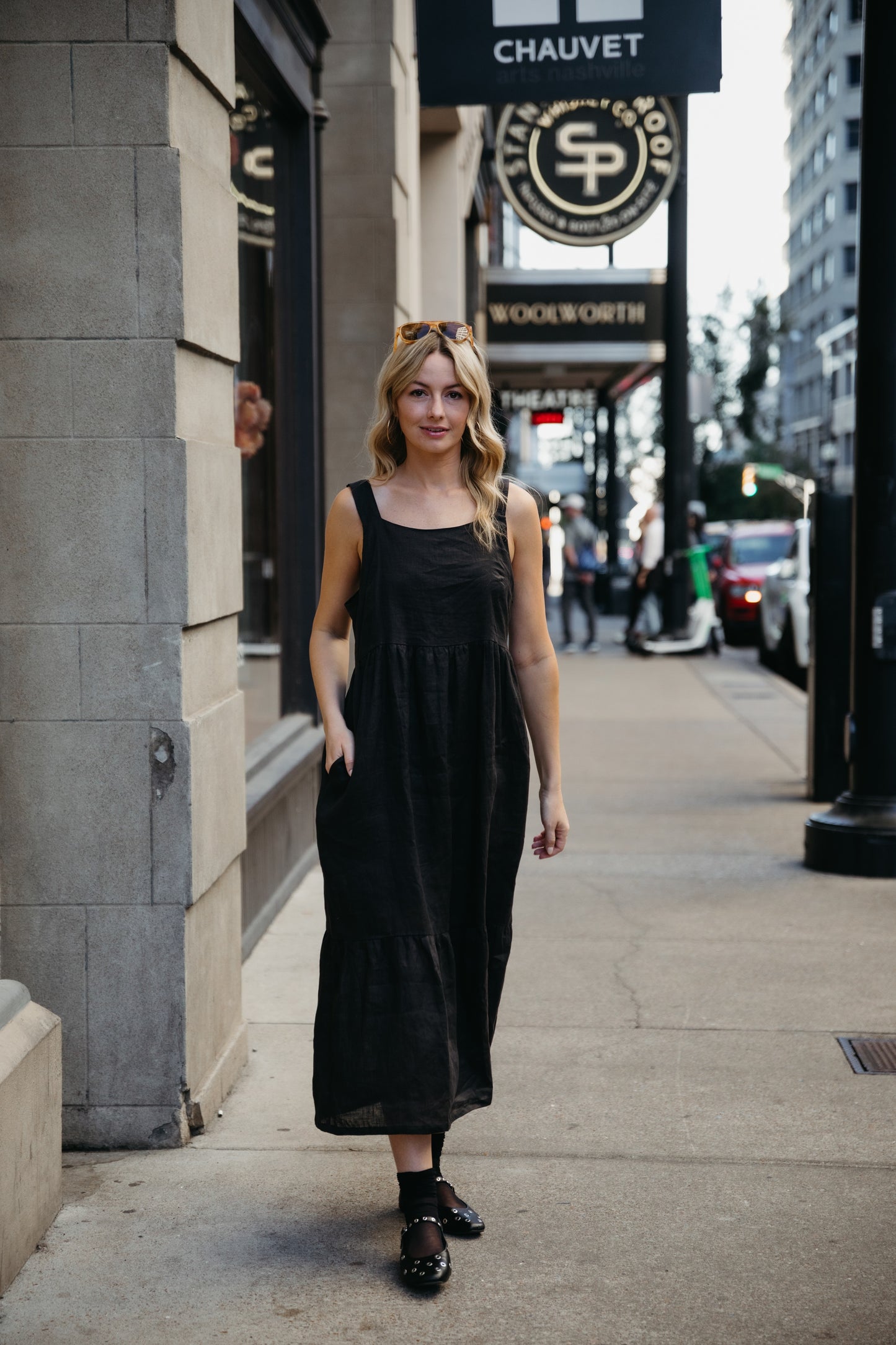 Long Lena Tiered Linen Dress in Dark Brown