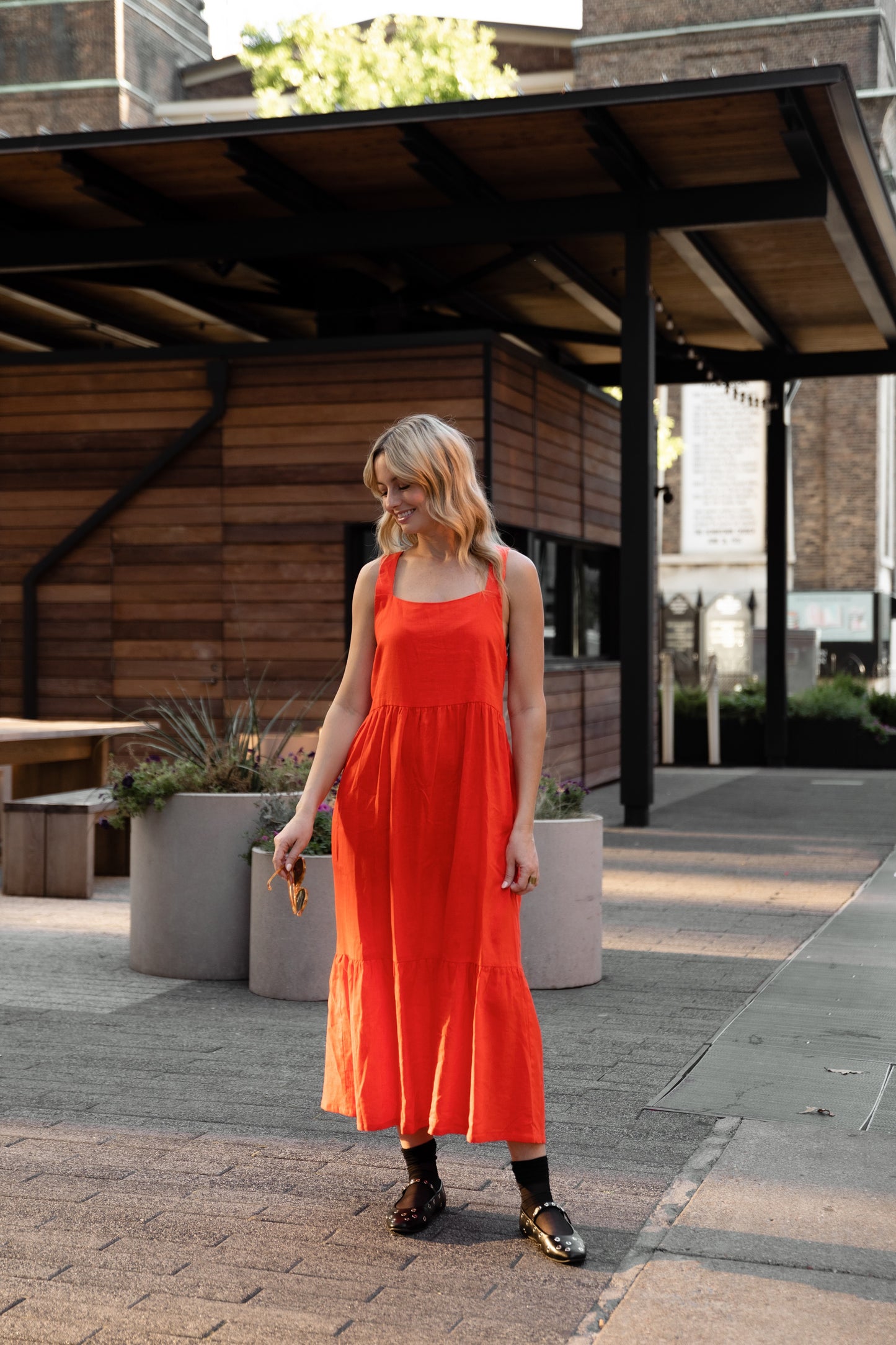 Long Lena Tiered Linen Dress in Blood Orange