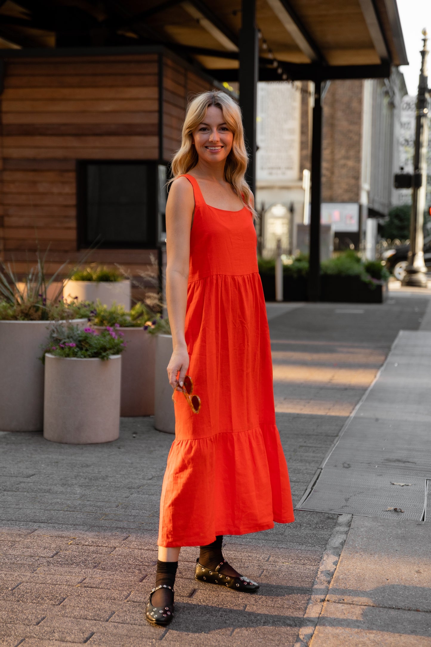 Long Lena Tiered Linen Dress in Blood Orange