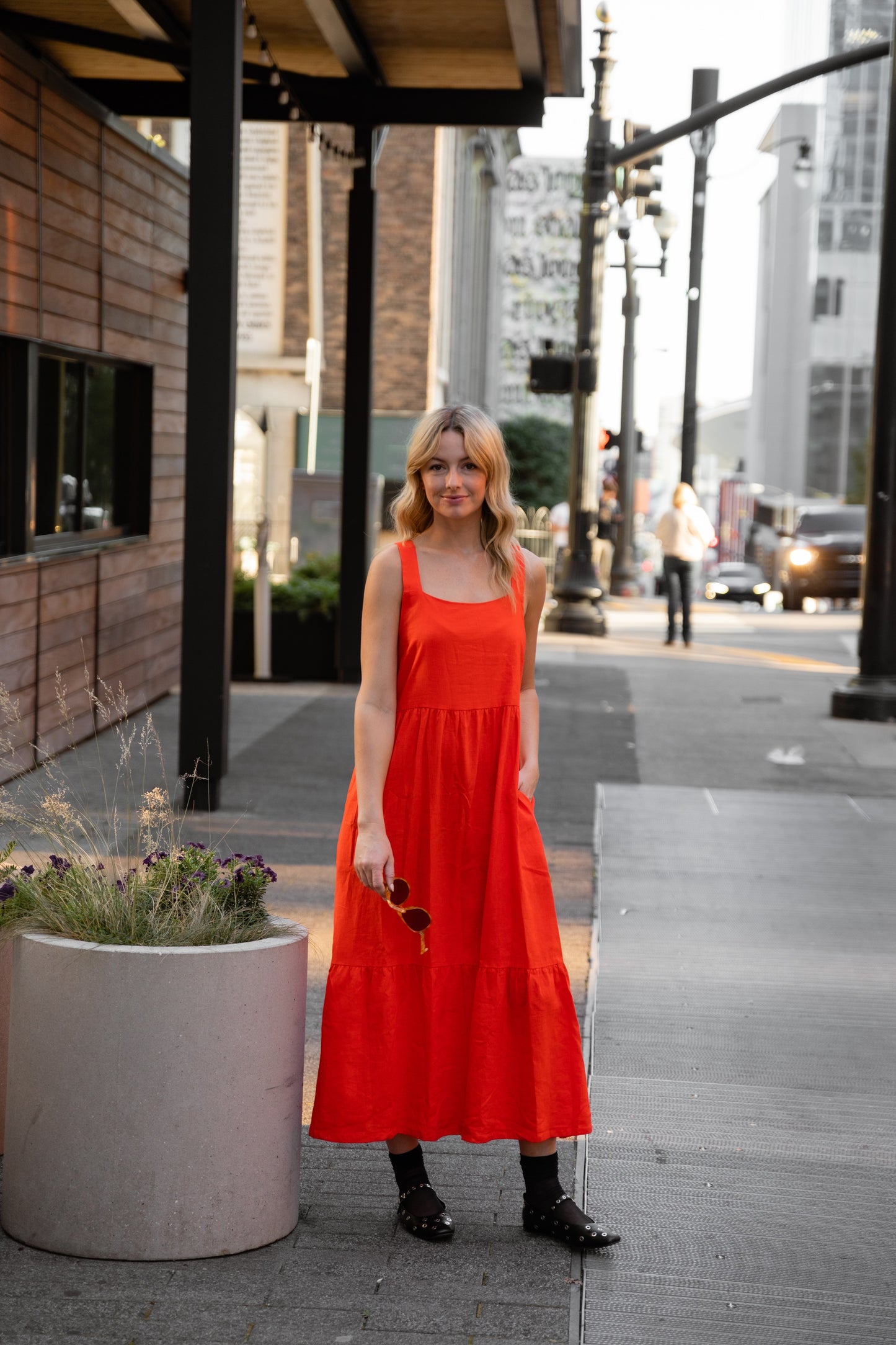 Long Lena Tiered Linen Dress in Blood Orange