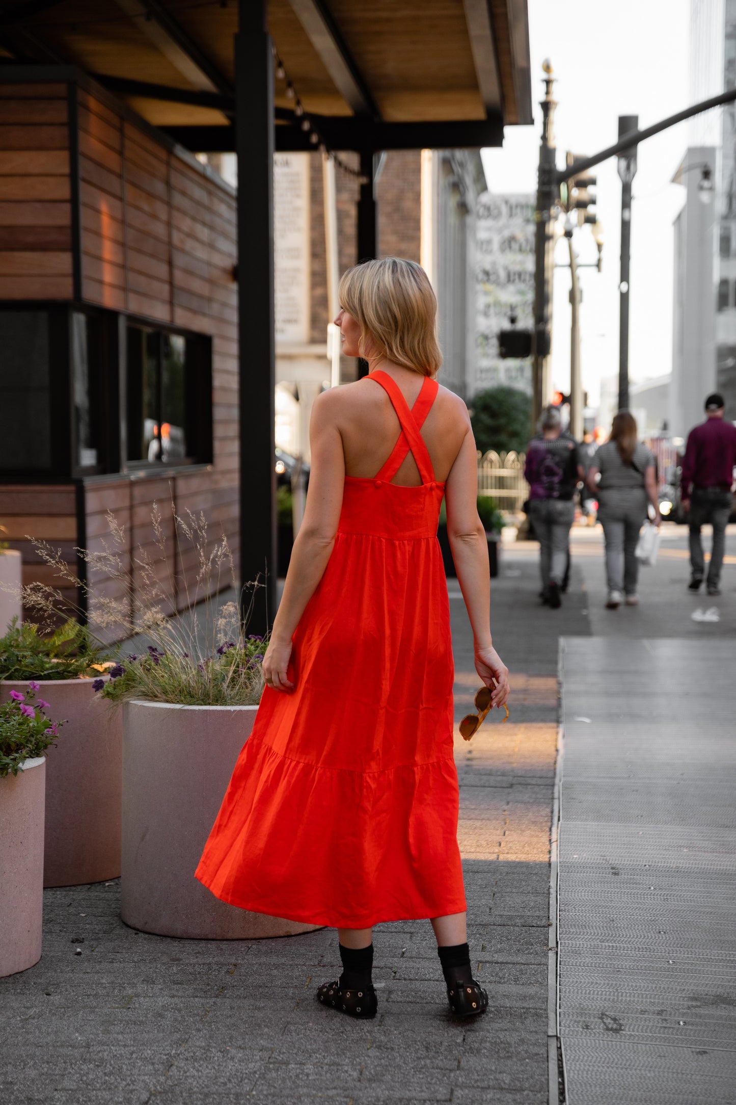 Long Lena Tiered Linen Dress in Blood Orange