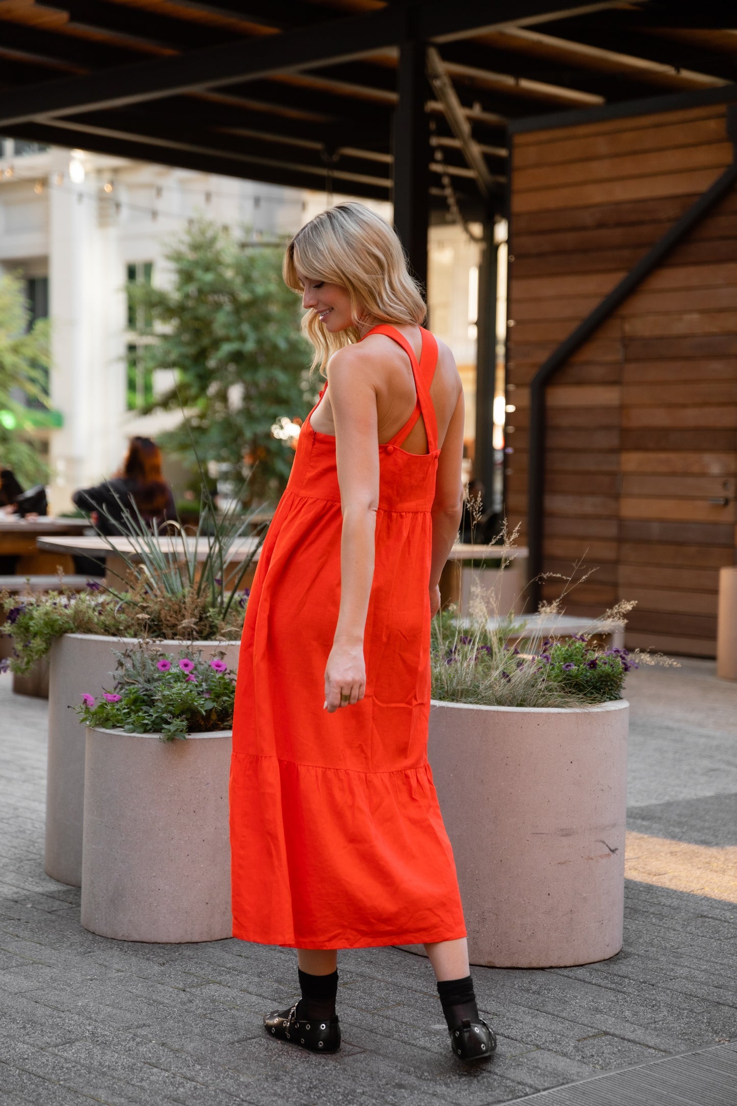 Long Lena Tiered Linen Dress in Blood Orange