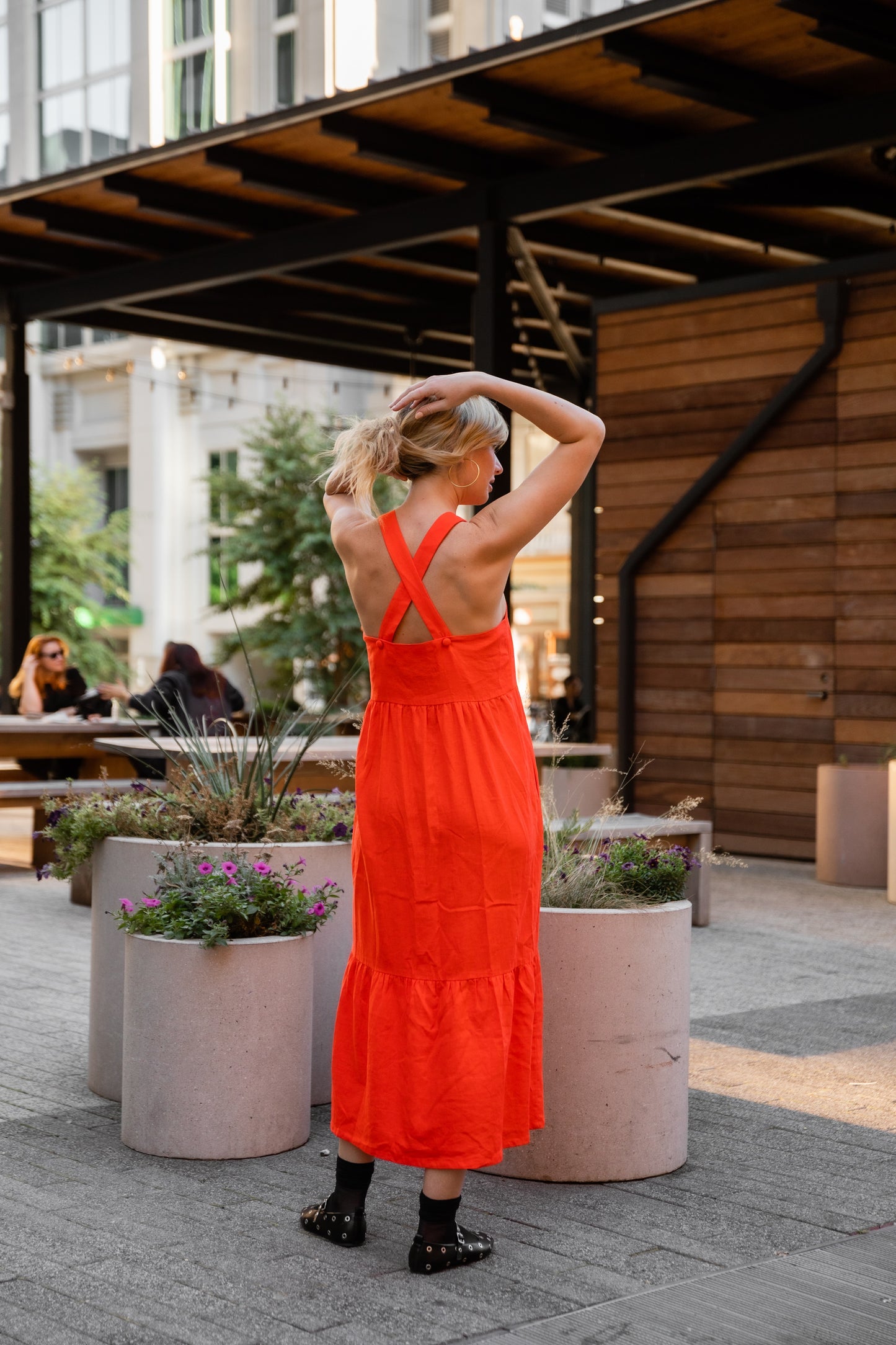 Long Lena Tiered Linen Dress in Blood Orange