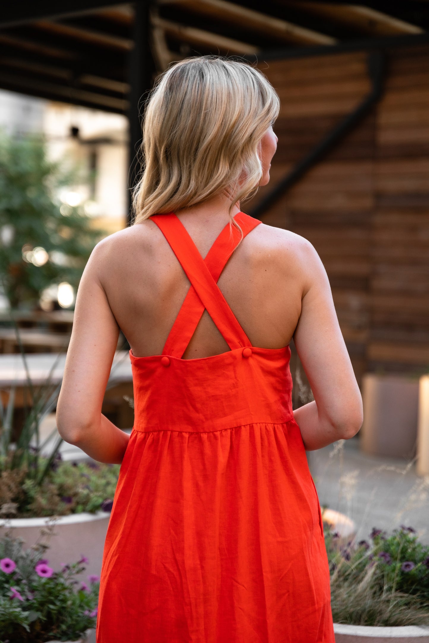 Long Lena Tiered Linen Dress in Blood Orange