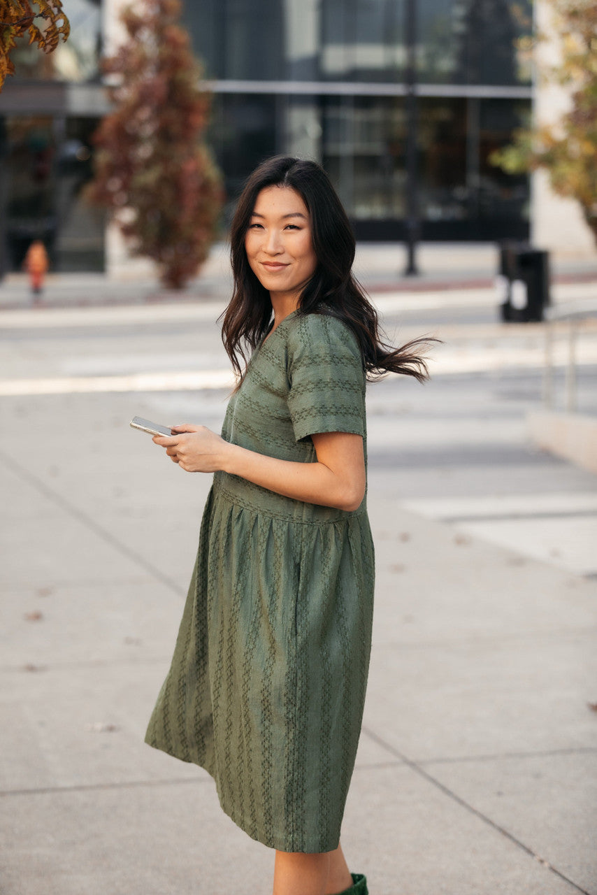 Eloise Handwoven Cotton Dress in Green Check