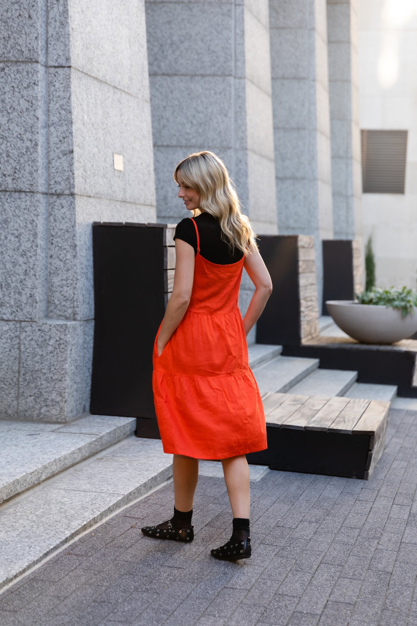 Lena Tiered Linen Dress in Blood Orange