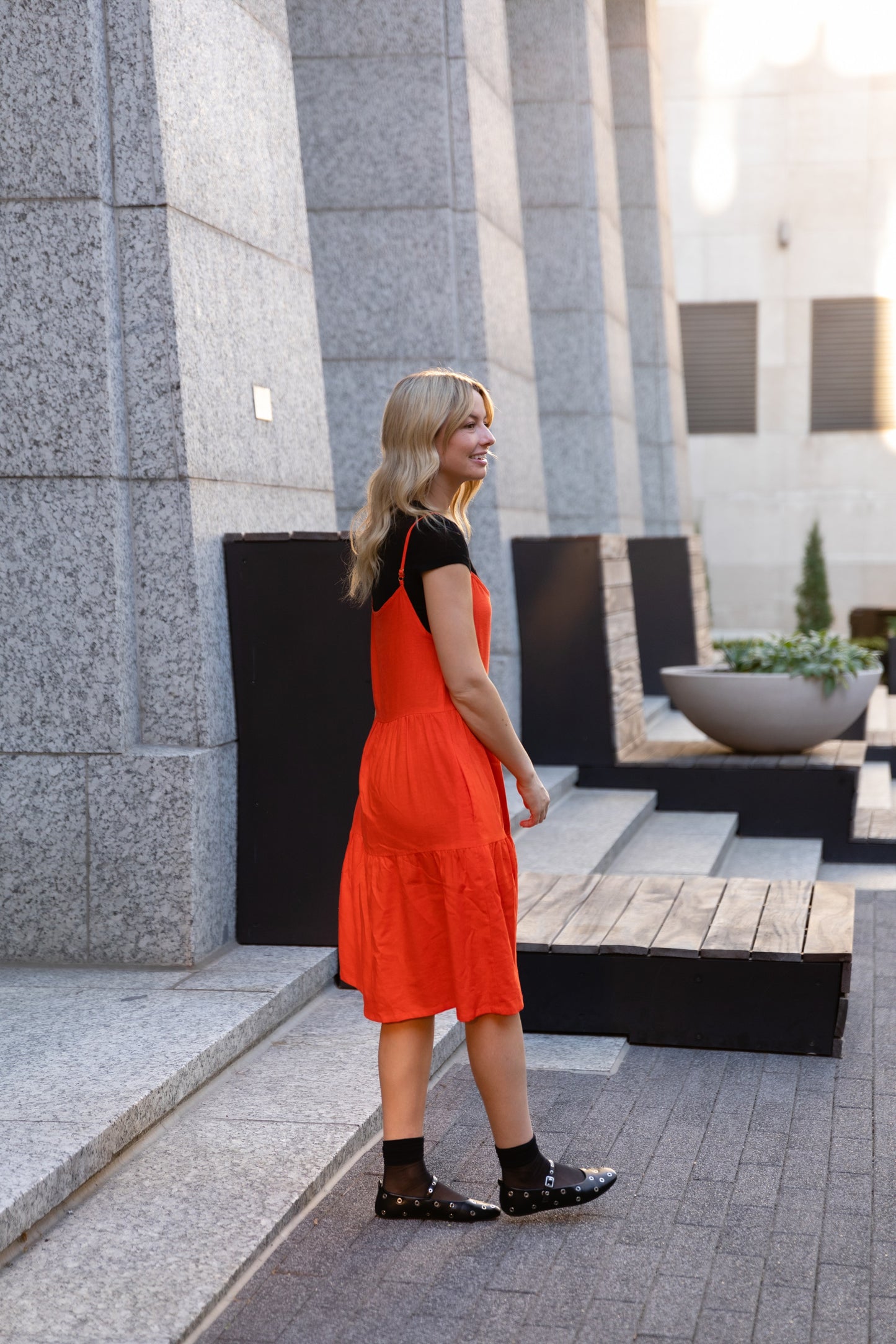 Lena Tiered Linen Dress in Blood Orange