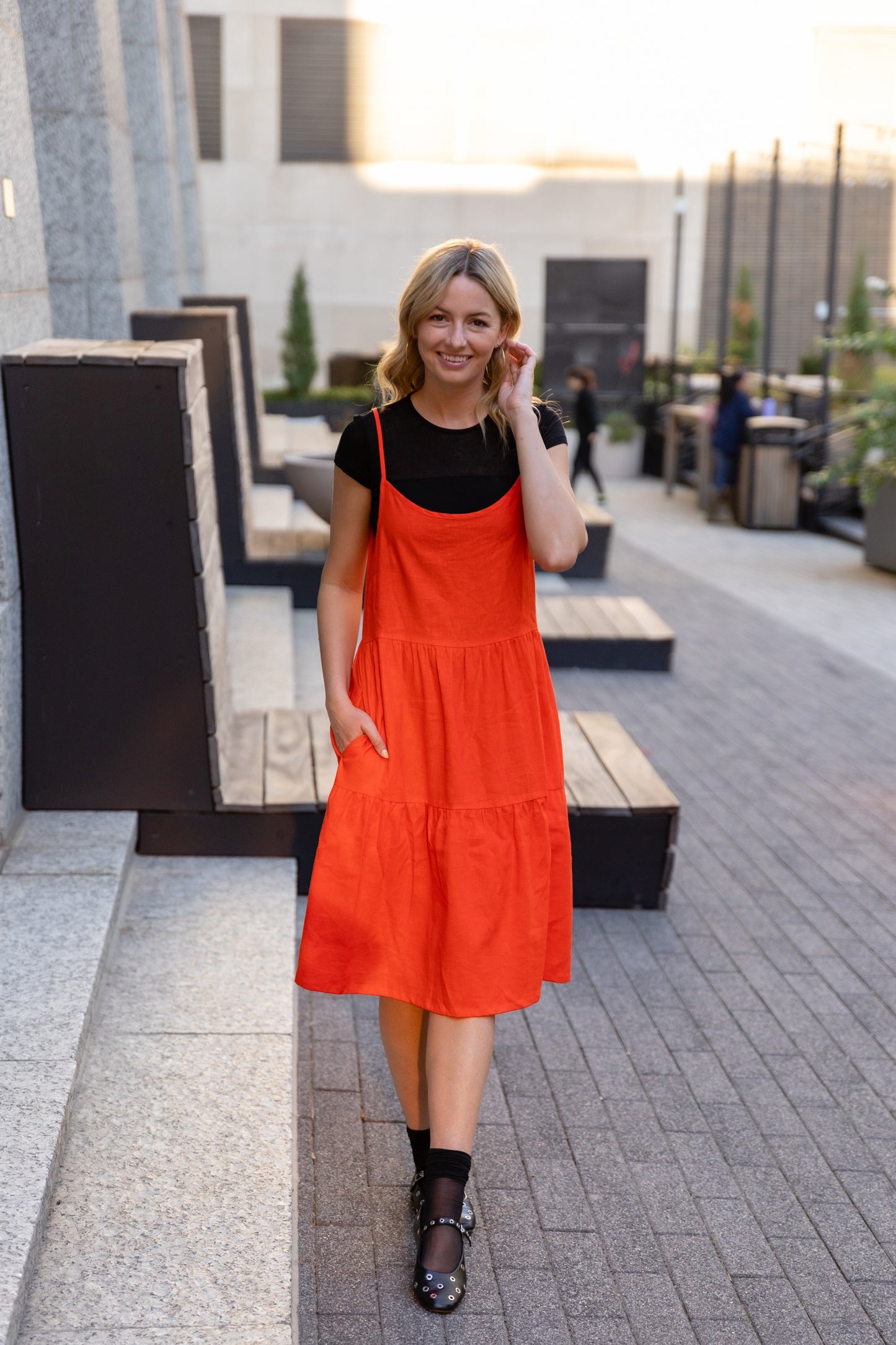 Lena Tiered Linen Dress in Blood Orange