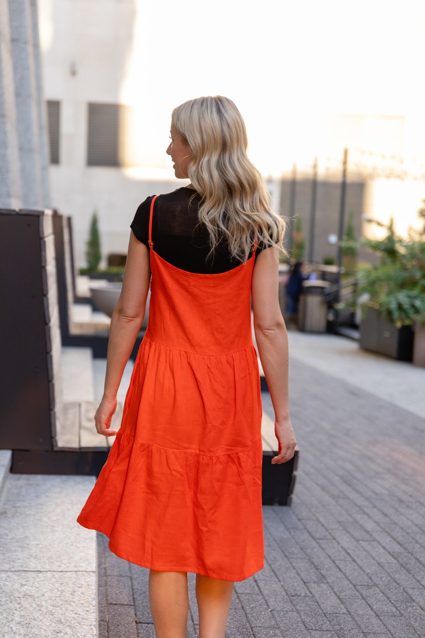 Lena Tiered Linen Dress in Blood Orange