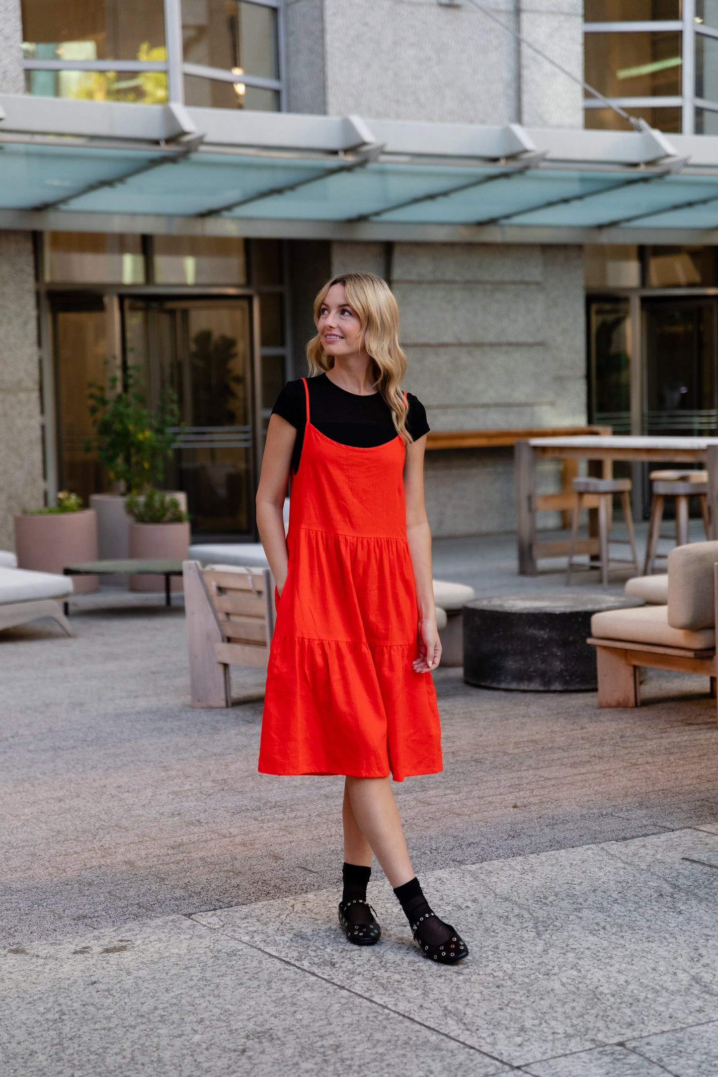 Lena Tiered Linen Dress in Blood Orange