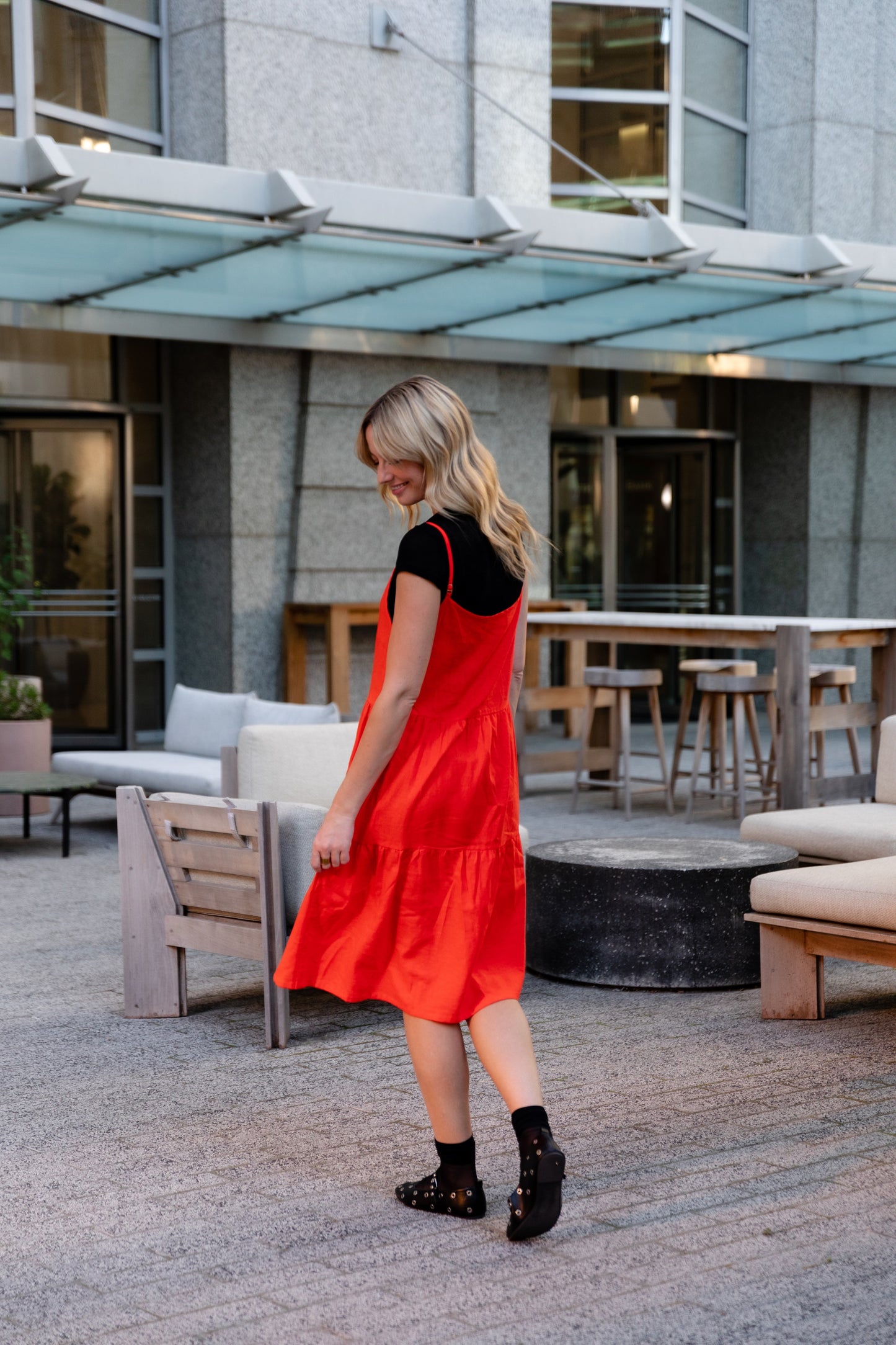 Lena Tiered Linen Dress in Blood Orange