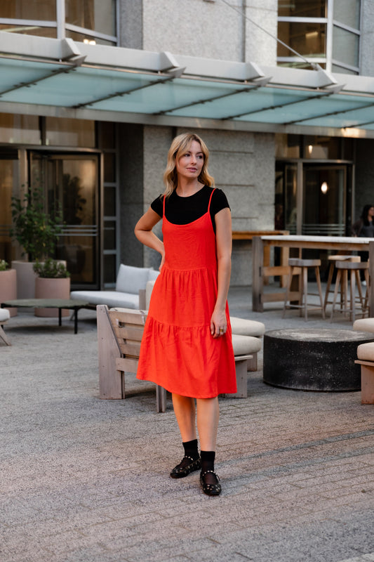 Lena Tiered Linen Dress in Blood Orange