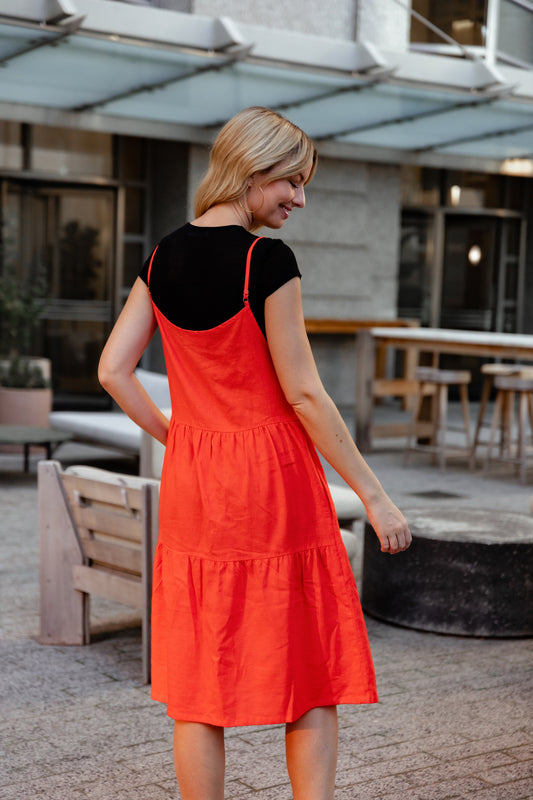 Lena Tiered Linen Dress in Blood Orange