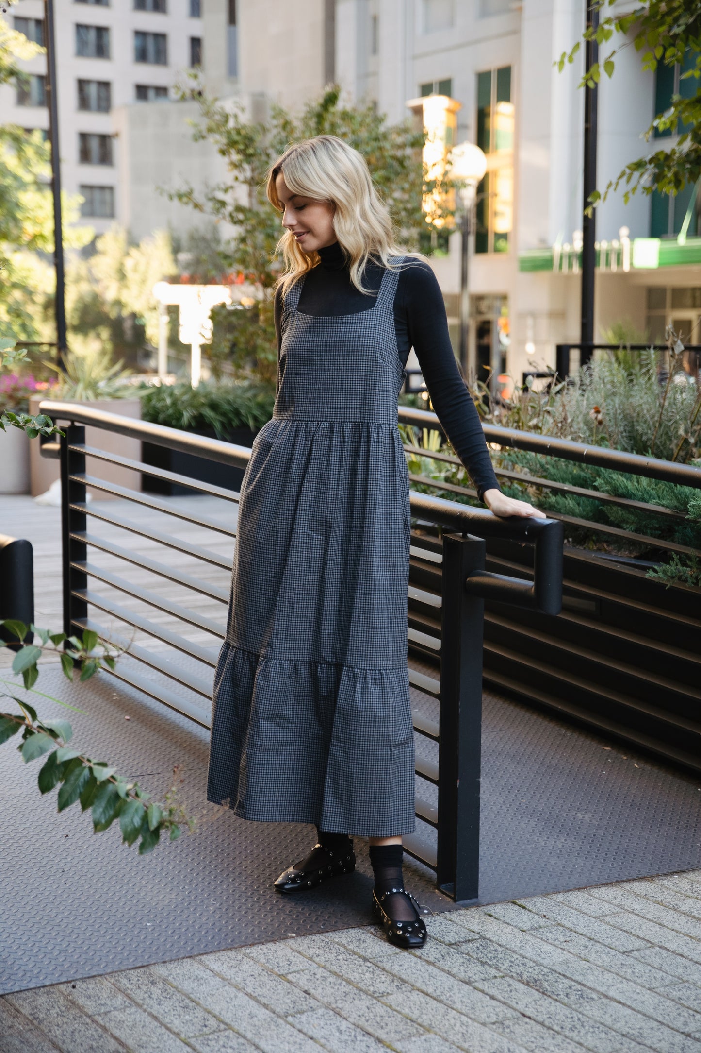 Long Lena Tiered Linen Dress in Navy Plaid