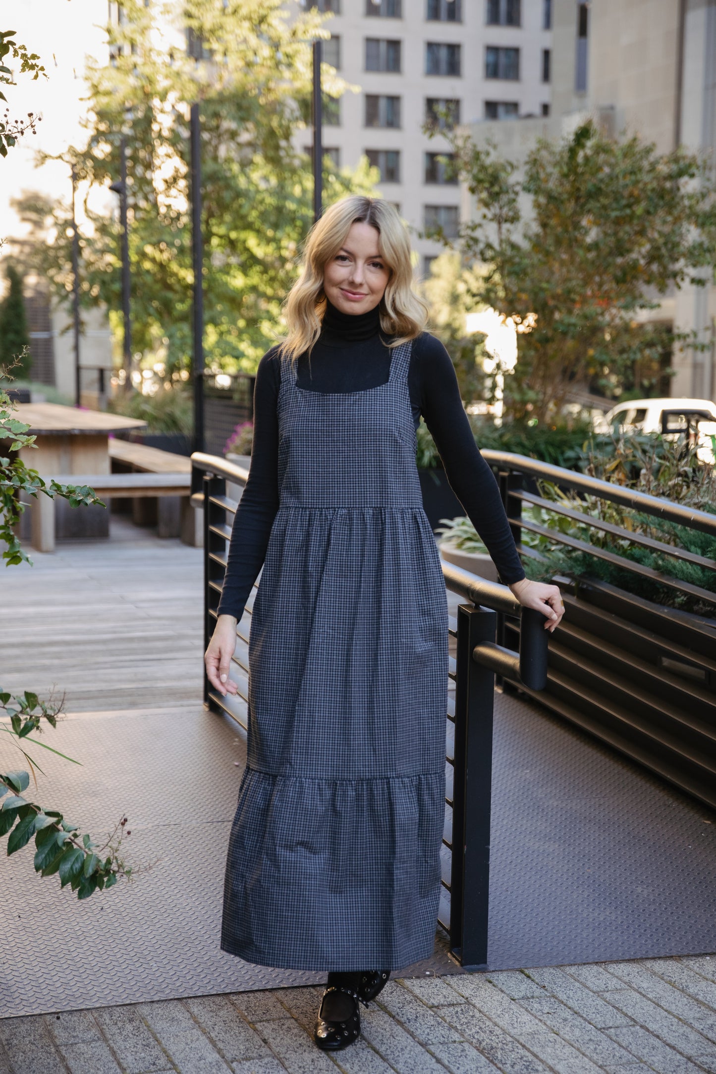 Long Lena Tiered Linen Dress in Navy Plaid